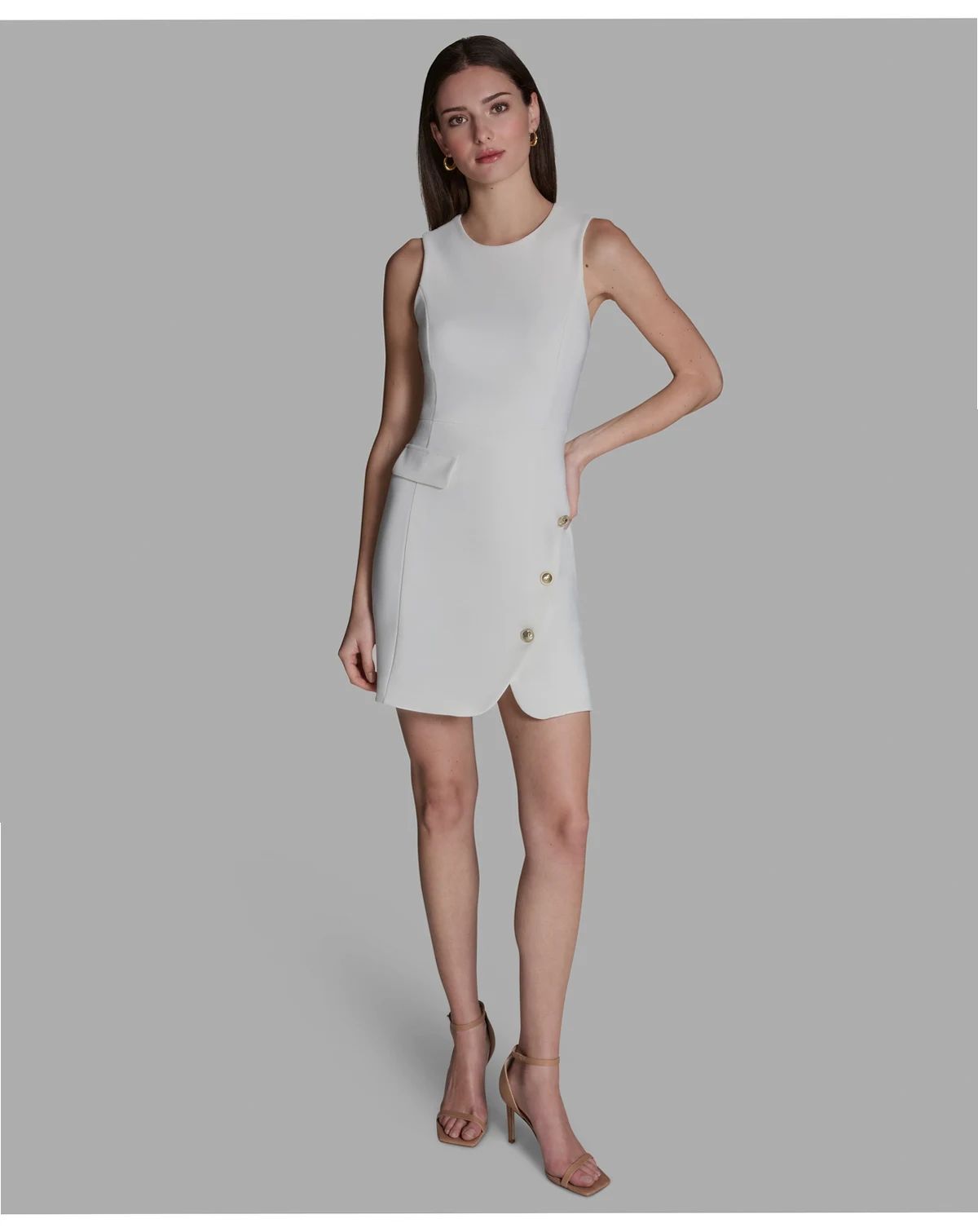 Women's Crew Neck Twill Asymmetrical Sheath Dress