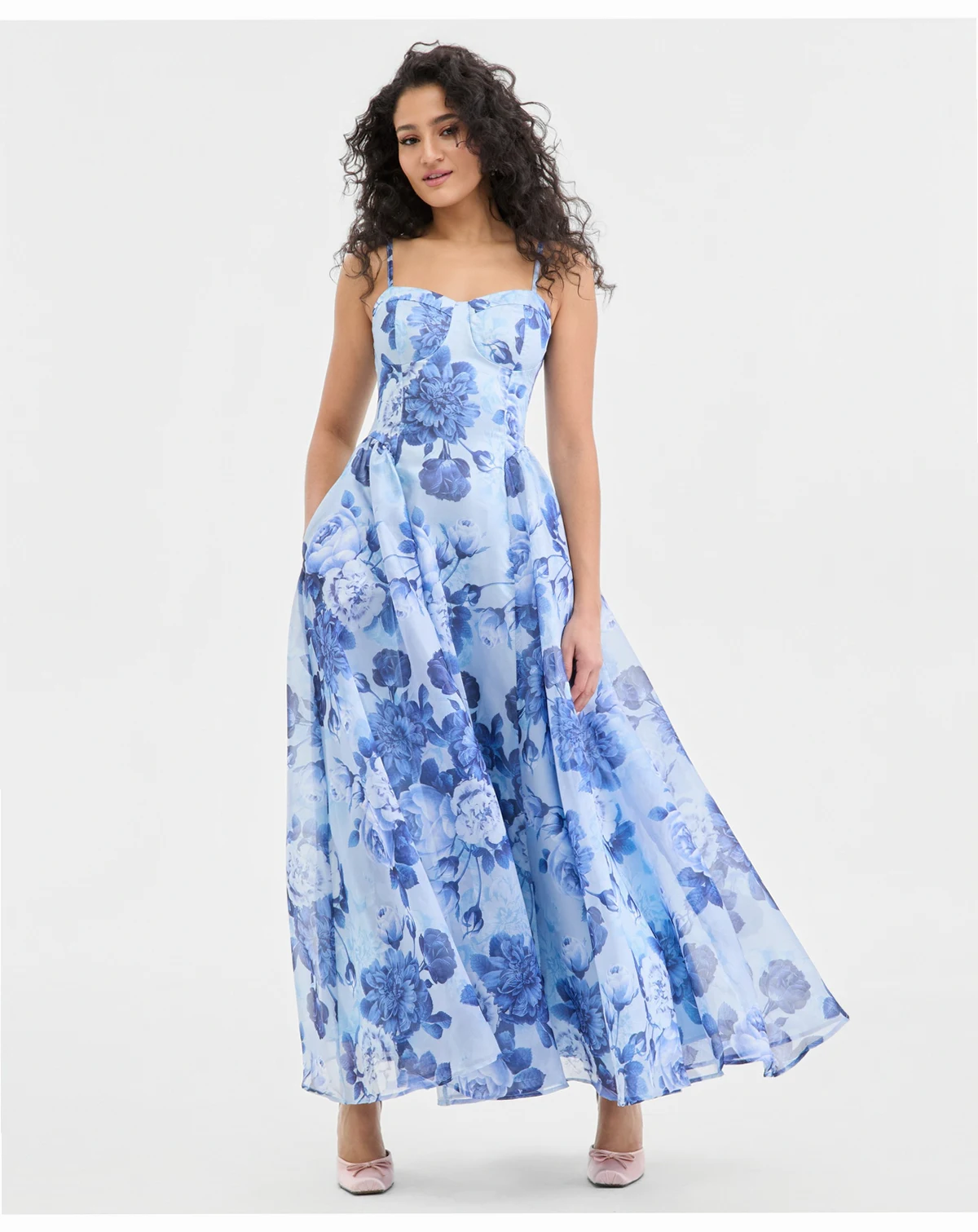 Juniors' Shimmer Organza Floral-Print A-Line Gown
