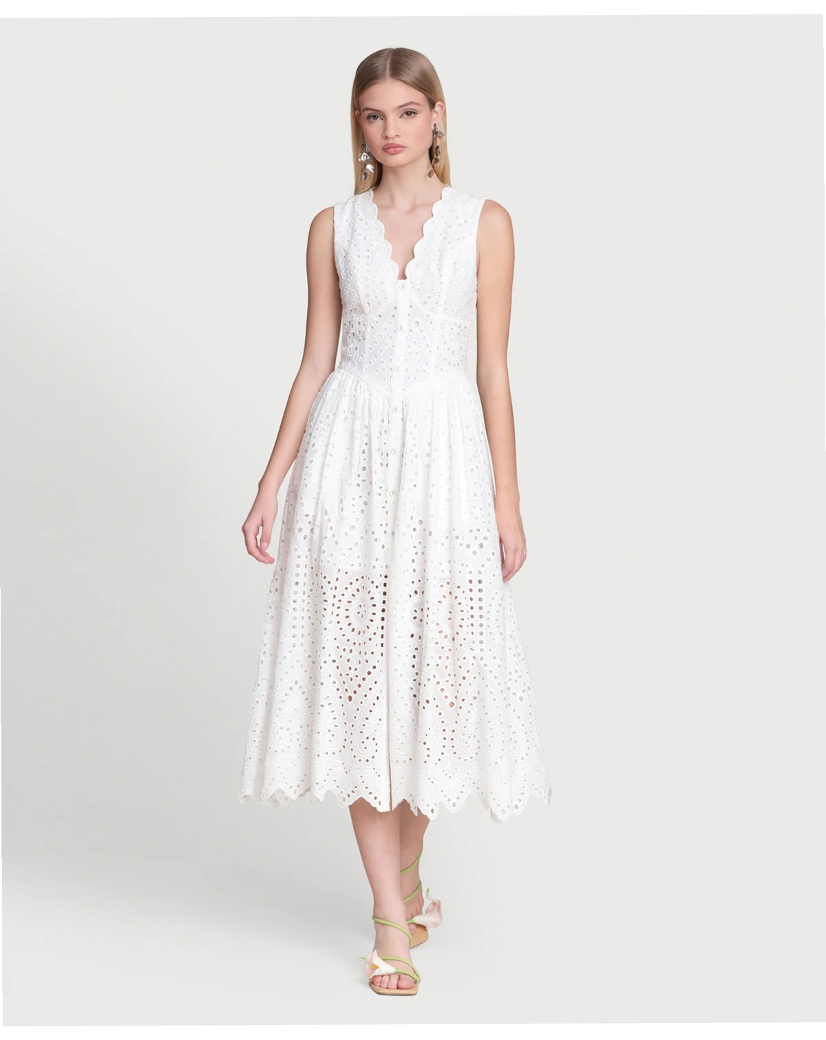 Women's Broderie Anglaise Cotton Eyelet Scallop Midi Dress