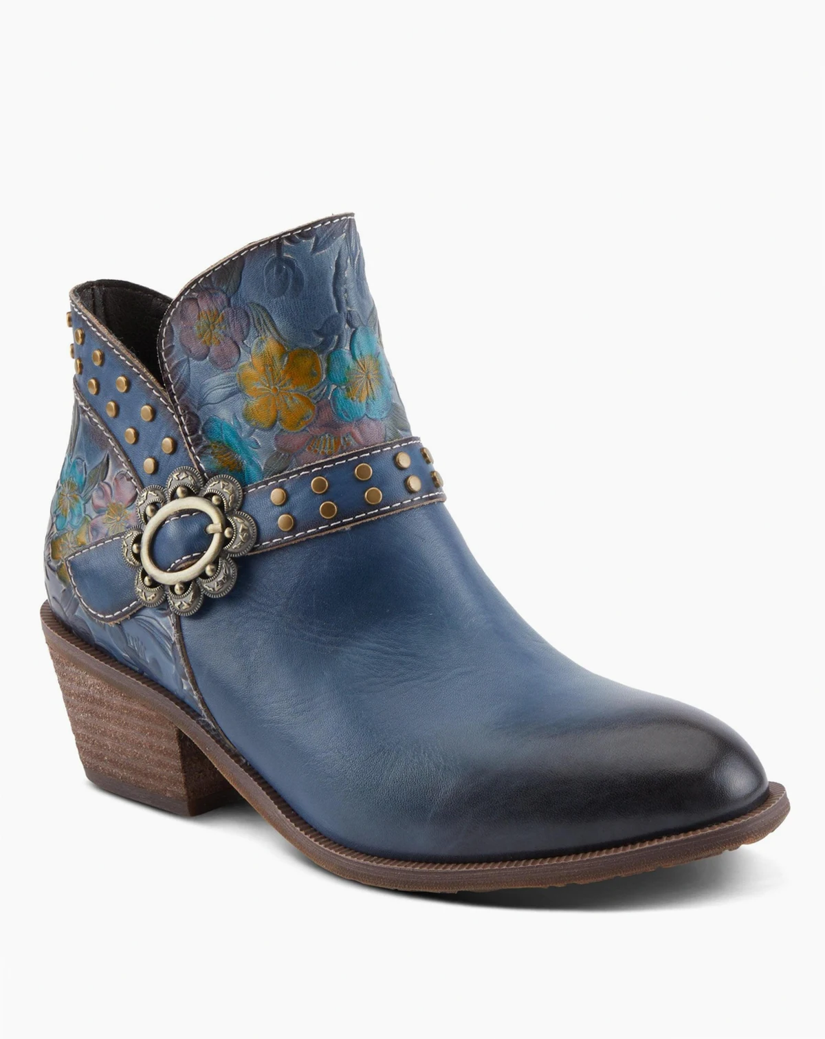 Women's Daintylady Western Ankle Boots with Hand-Painted Floral Embossing, Studded Belt Detail – Feminine Cowgirl-Inspired Comfort Booties