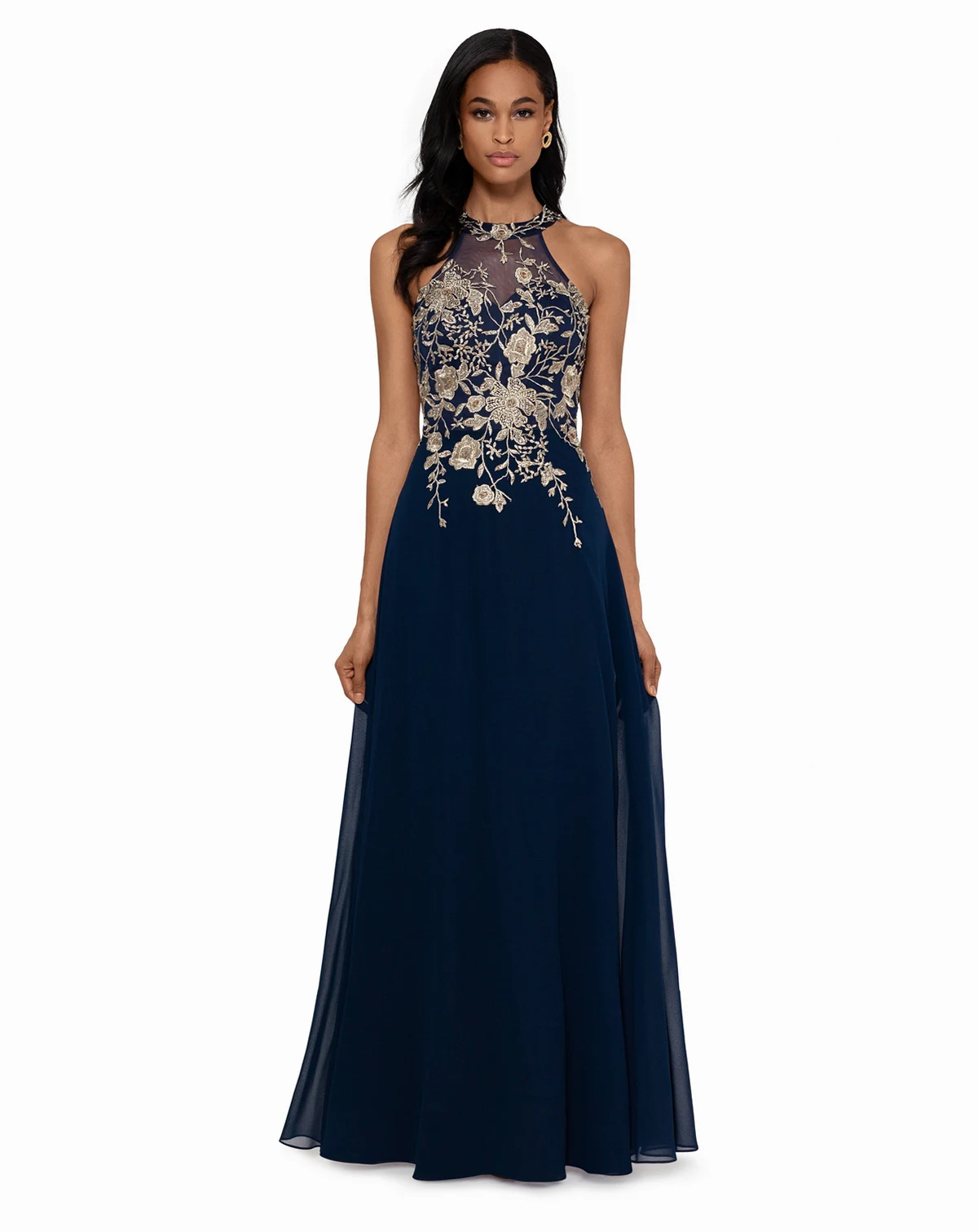 Petite Sleeveless Floral-Appliqué Illusion Gown