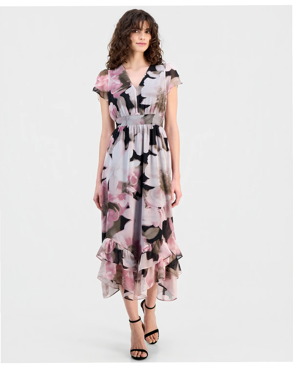 Petite Floral Print Smocked Ruffled Dress