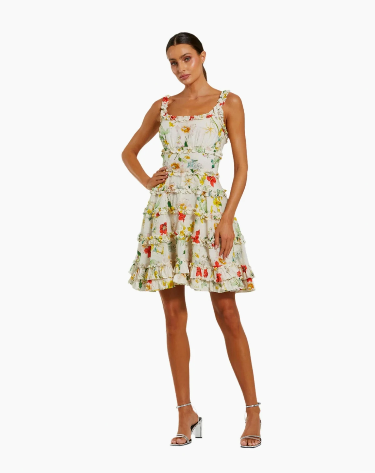 Women's Floral Sweetheart Mini Dress with Cascading Ruffles