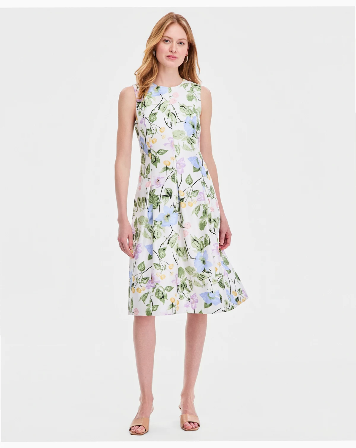 Women's Floral Print Dupioni Pleated Sleeveless Dress, Regular & Petite