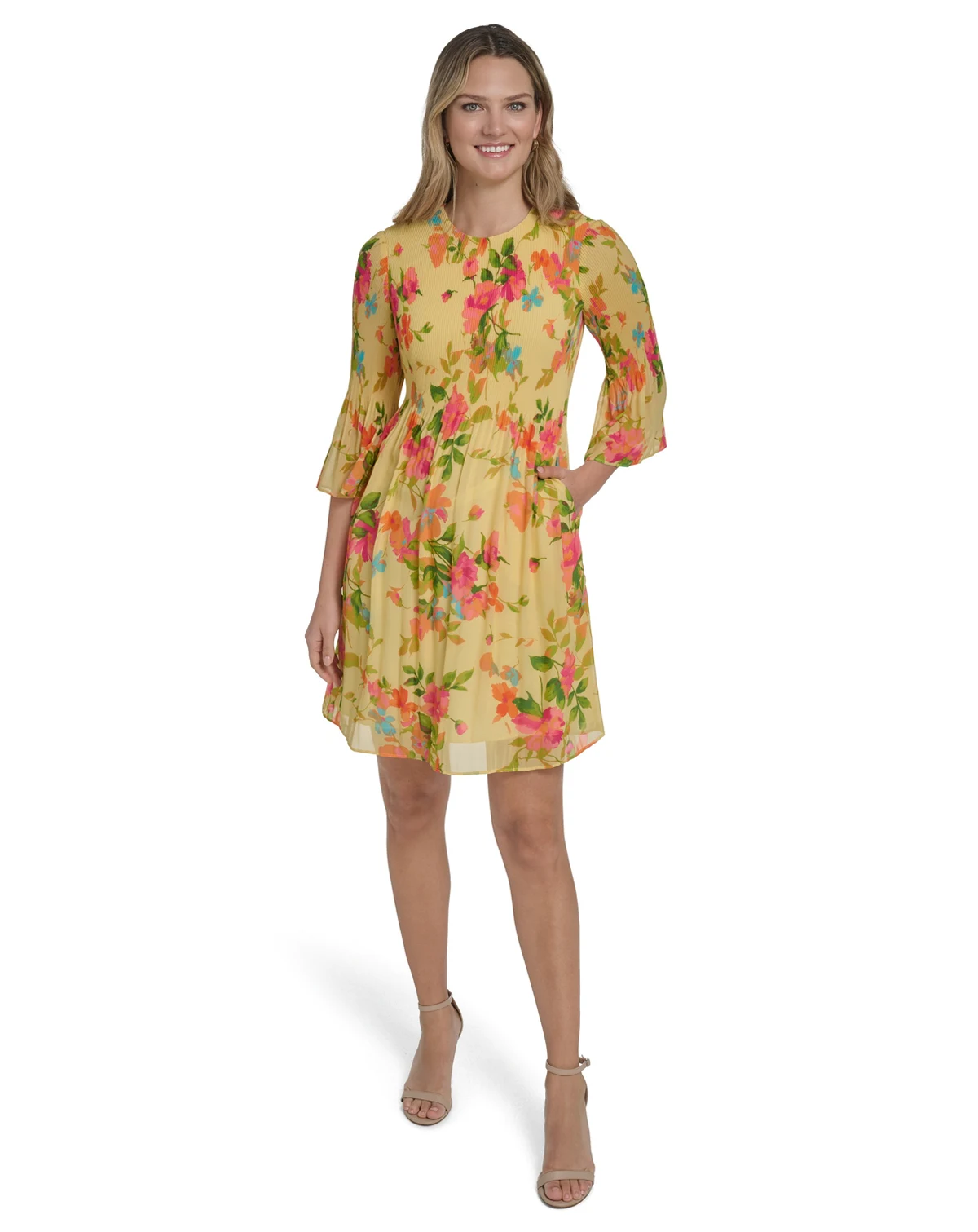 Petite Bell-Sleeve Jewel Neck Pleated Dress