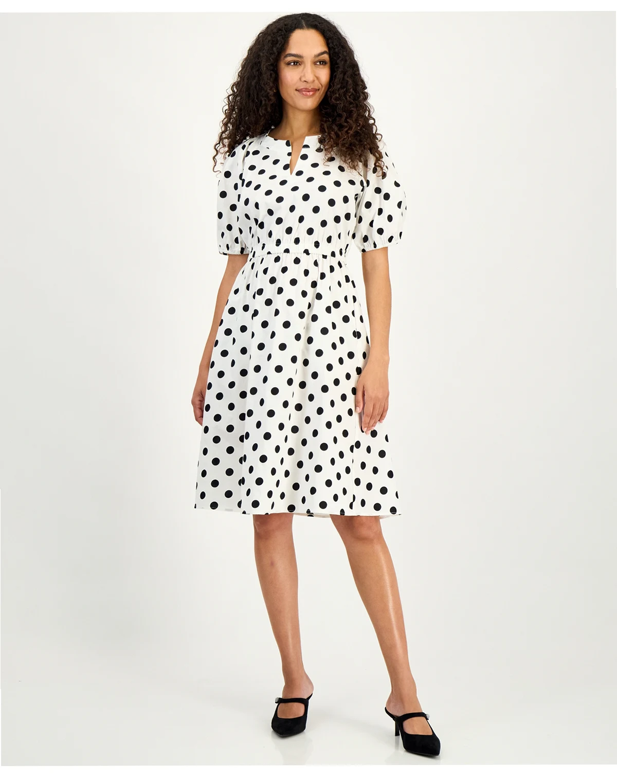 Women's Polka Dot Puff-Sleeve Midi Dress, Regular & Petite