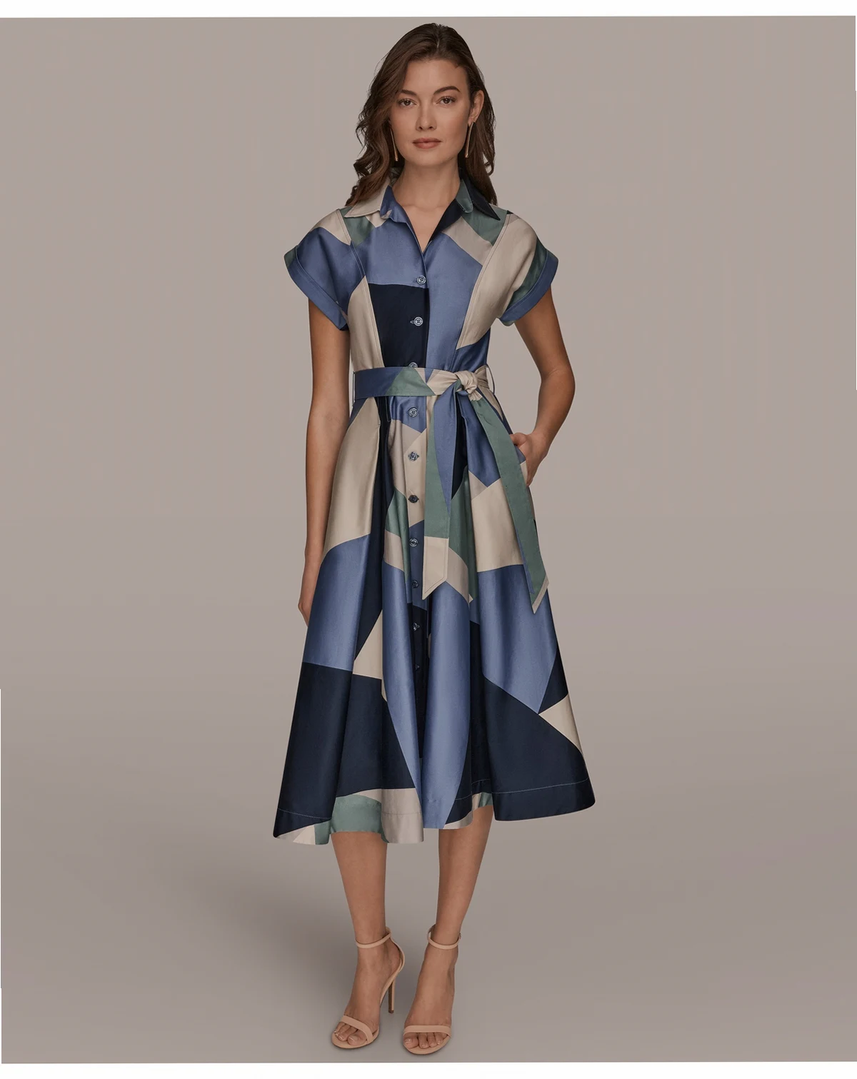 Women's Cap-Sleeve Spread Collar Geometric Colorblock Midi Shirt Dress