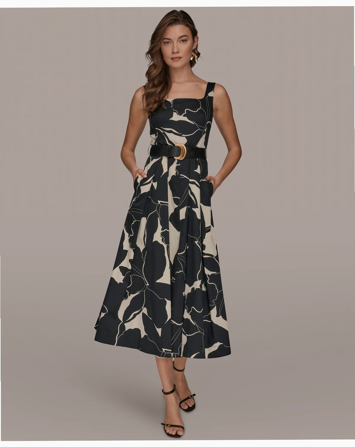 Women's Sleeveless Square Neck Floral A-Line Midi Dress