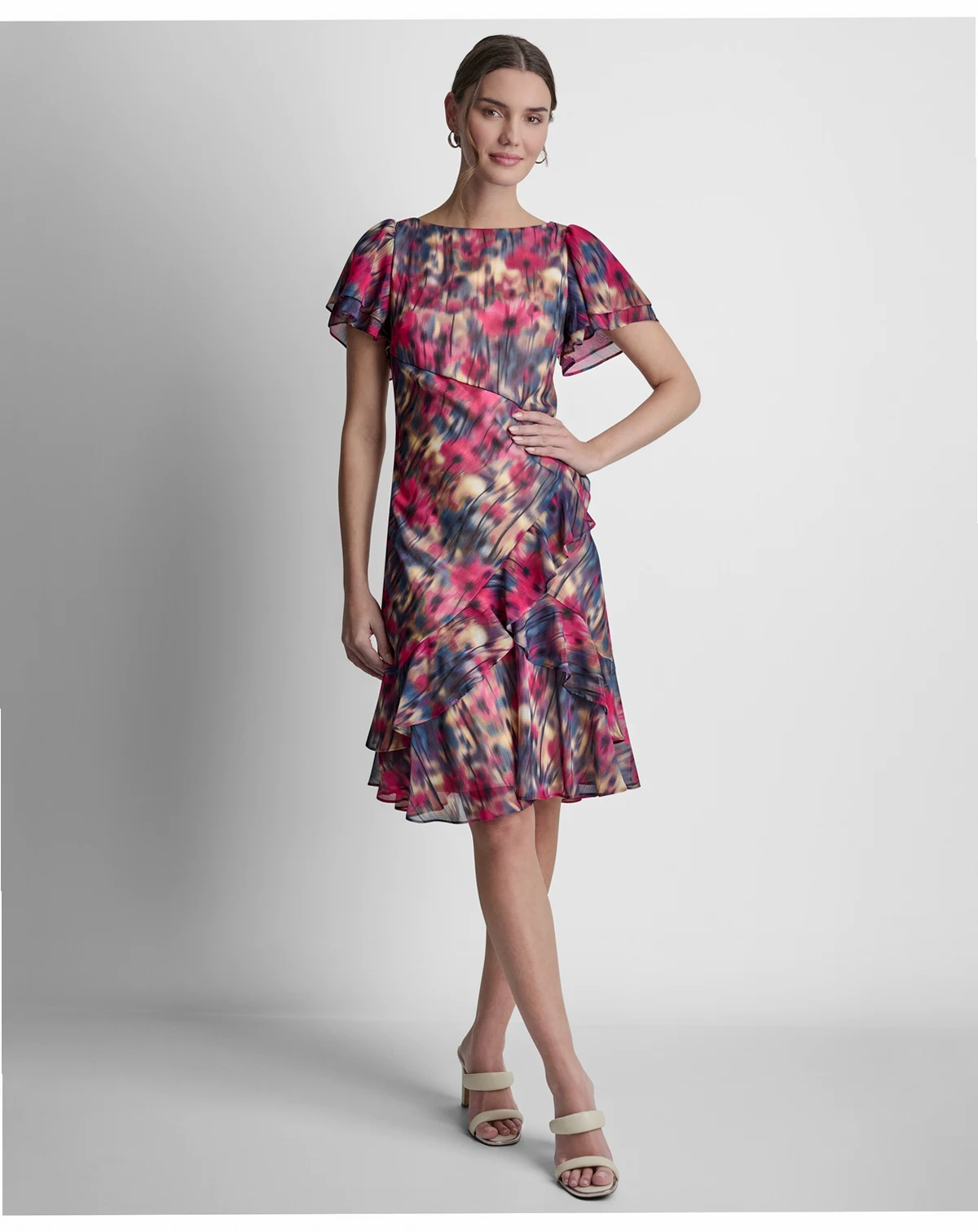 Petite Flutter-Sleeve Jewel Neck Dress
