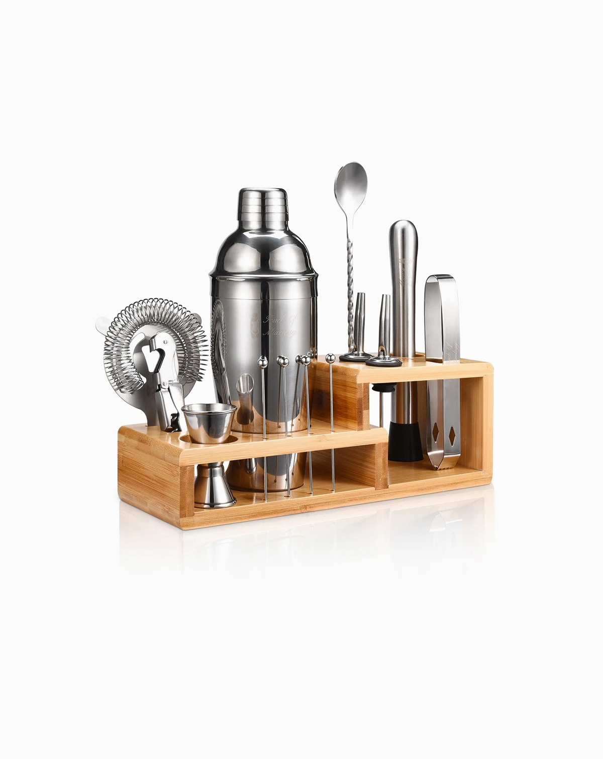 Premium 14 Piece Stainless Steel Bartender Kit with Bamboo Stand
