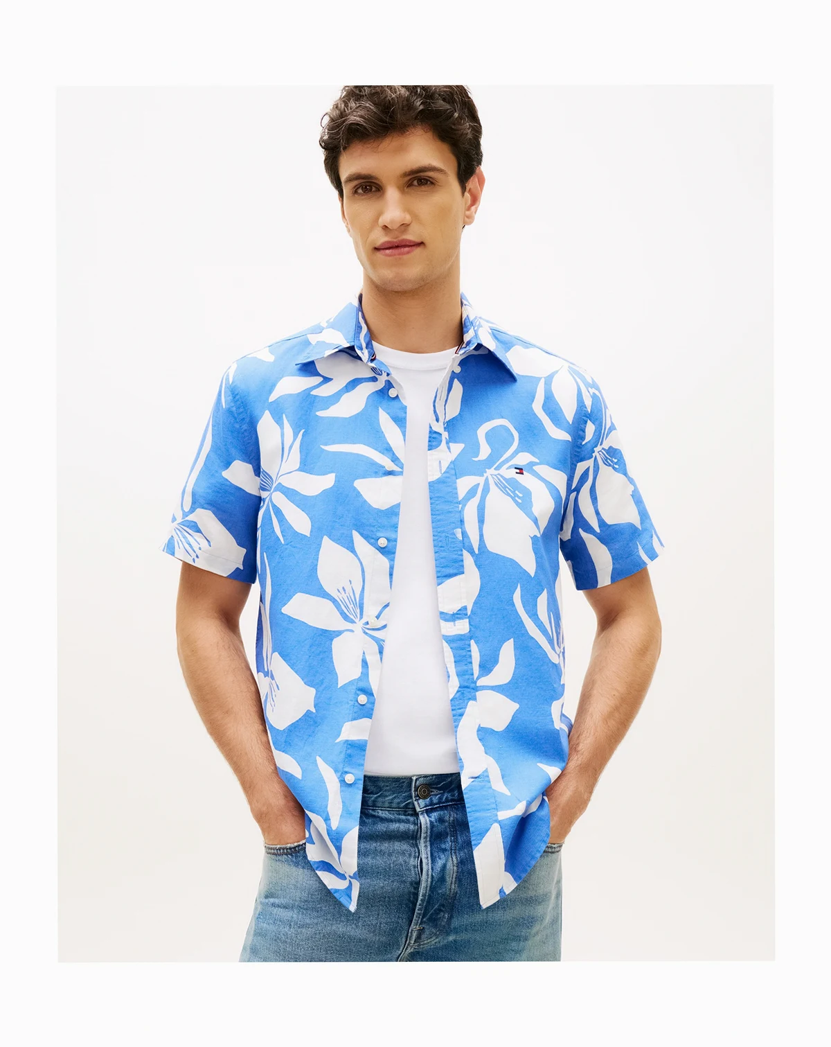 Men's Linen Flower Print Button-Down Shirt