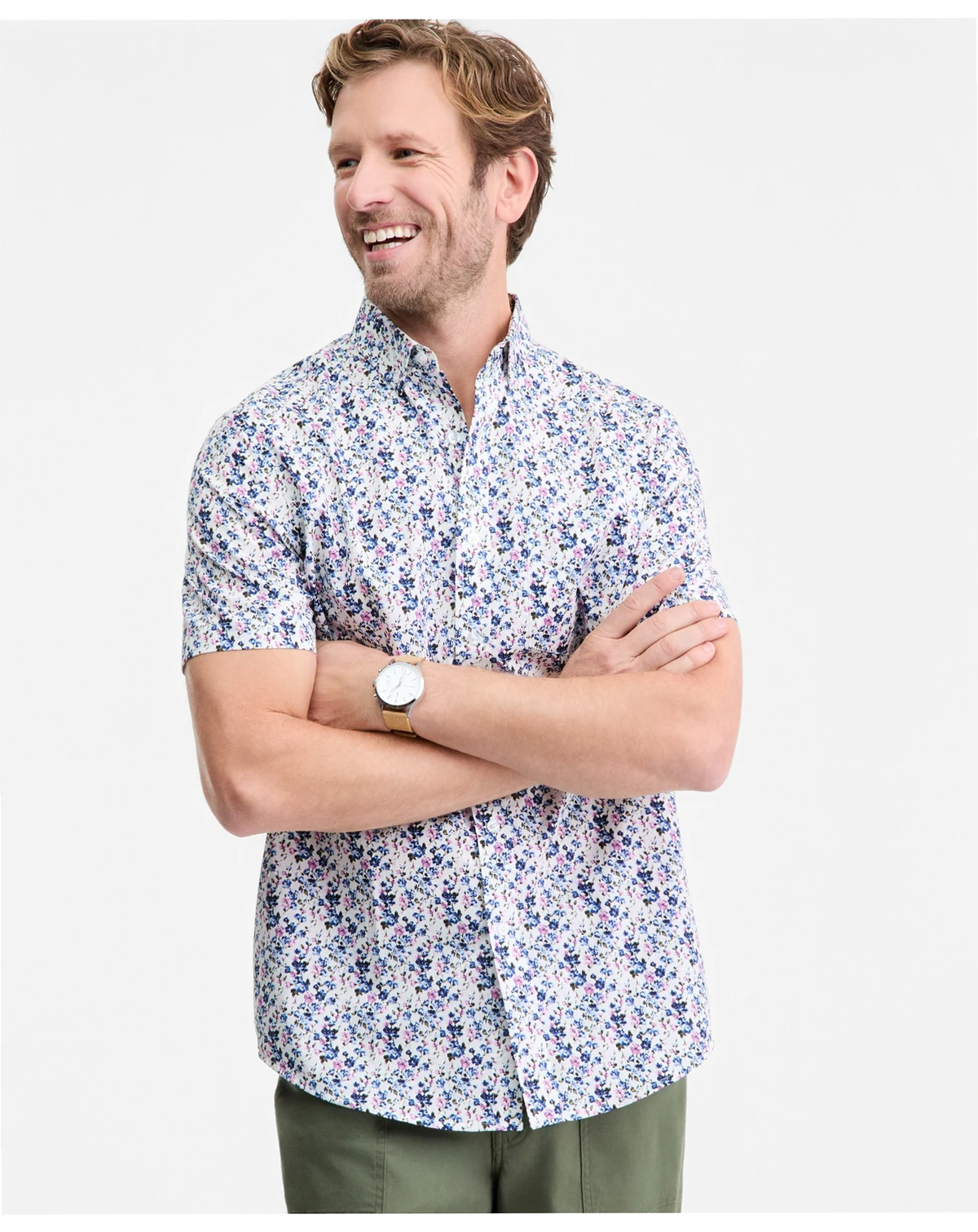 Men's Indigo Floral Poplin Short-Sleeve Shirt, Macy's Exclusive