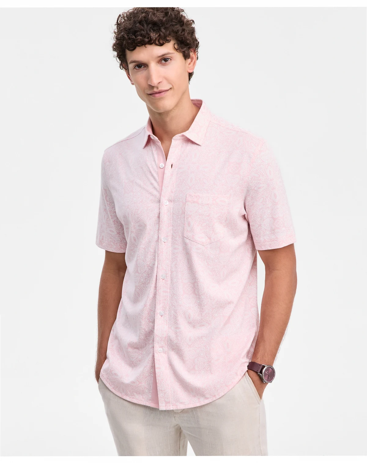 Men's Pima Cotton Medal Print Short-Sleeve Button-Up Knit Shirt, Macy's Exclusive