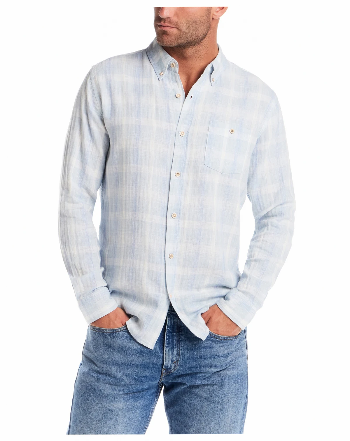 Men's Long-Sleeve Washed Herringbone Plaid Shirt