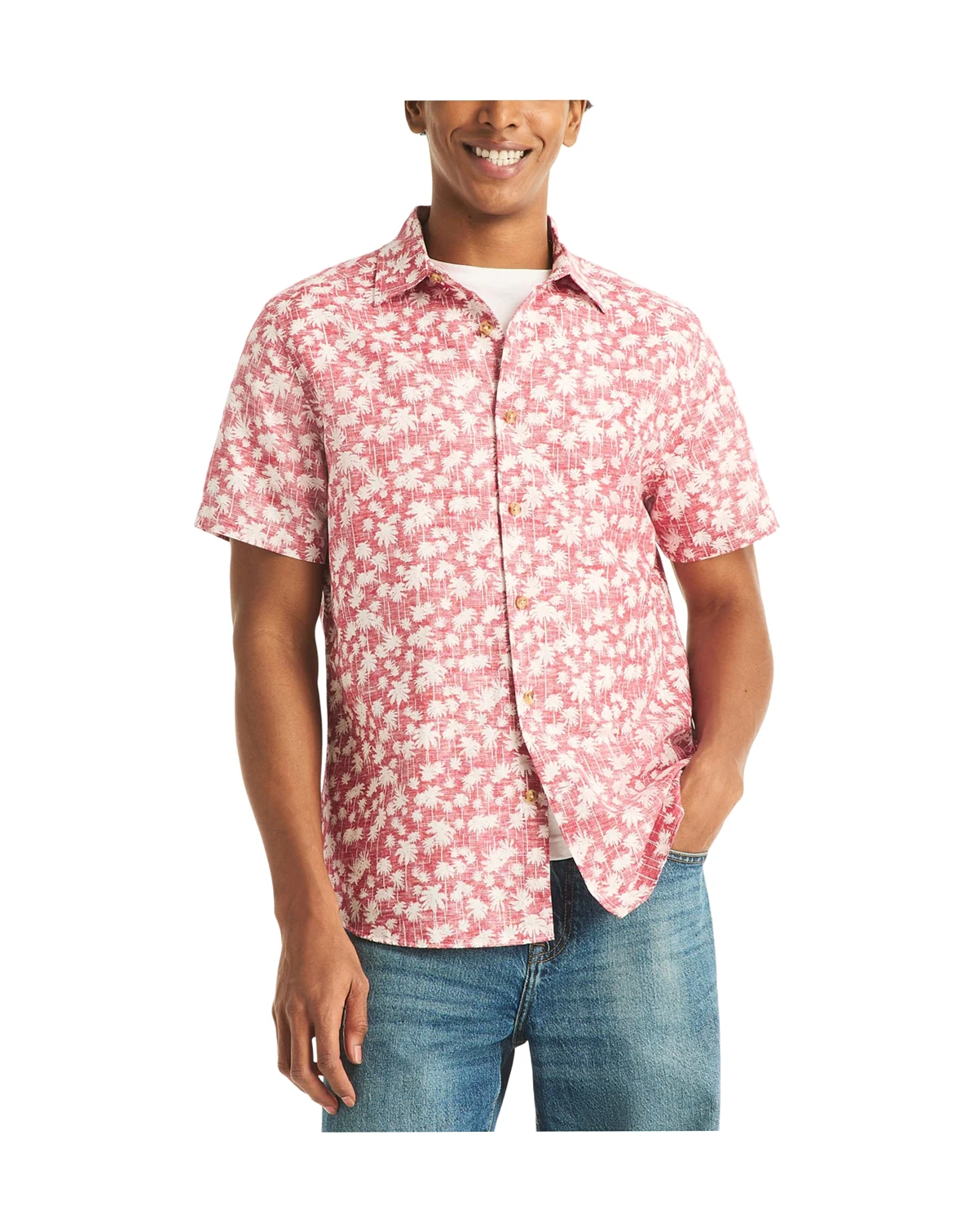 Men's Reverse Palm Tree Printed Linen Short-Sleeve Shirt