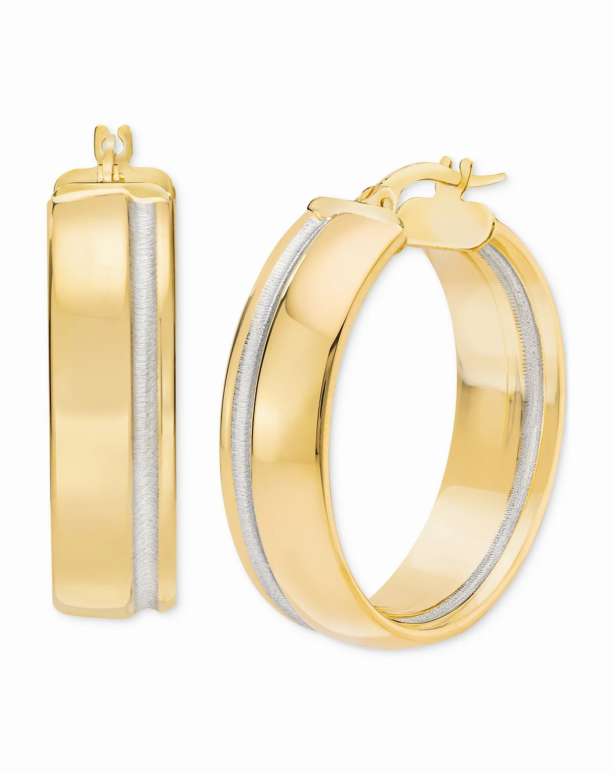 Polished Striped Small Hoop Earrings in 14k Two-Tone Gold, 0.75"