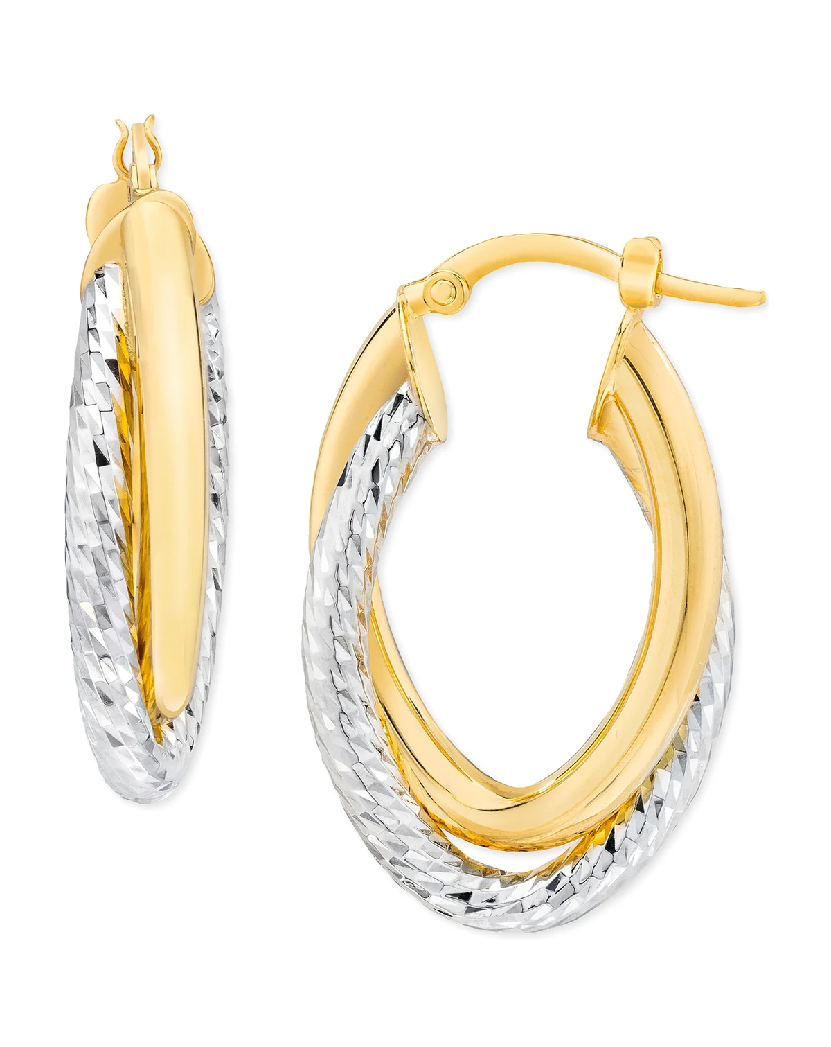 Polished & Diamond Cut Double-Row Oval Bypass Hoop Earrings in 14k Yellow & White Gold