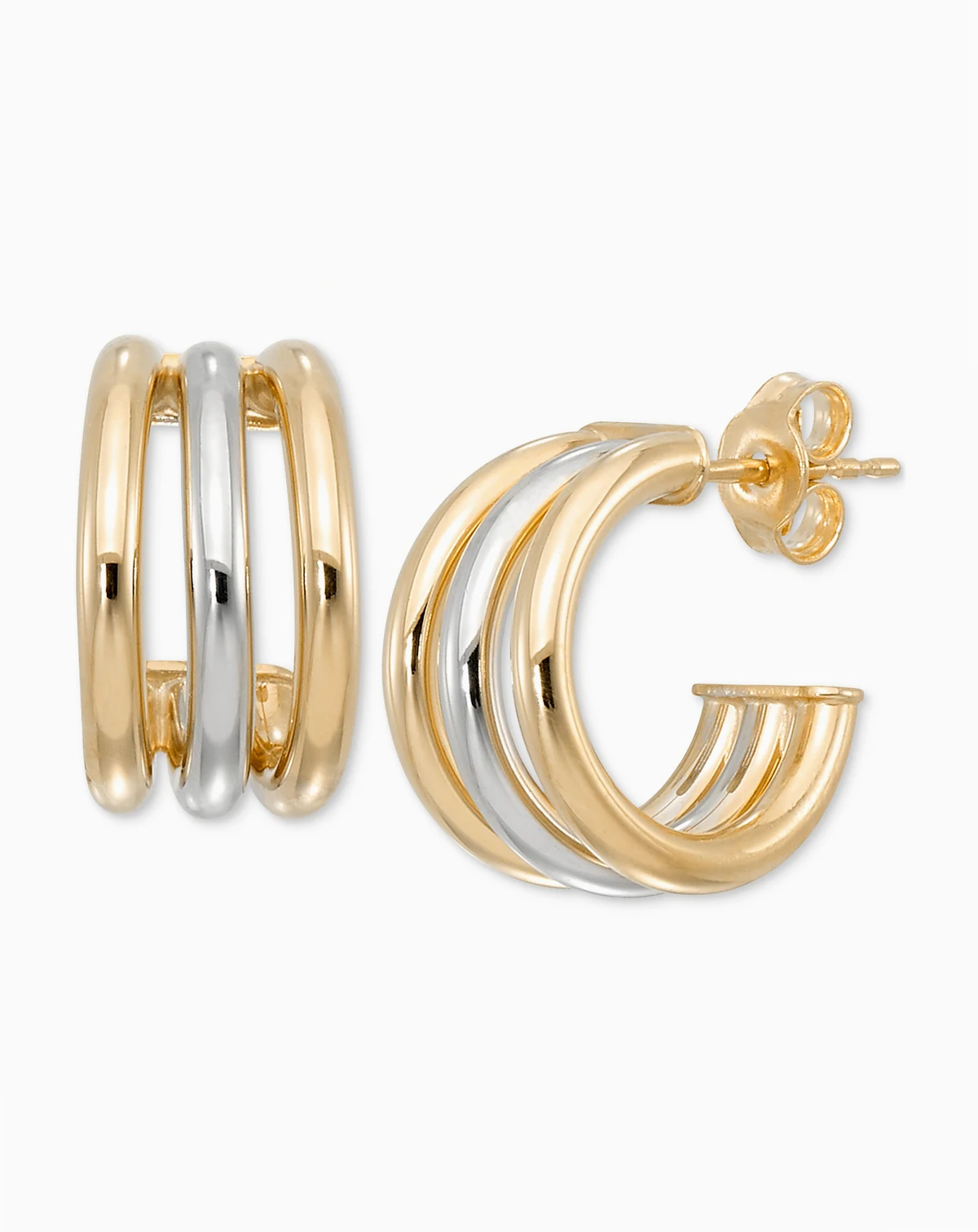 Polished Triple Row Extra-Small C Hoop Earrings in 10k White & Yellow Gold, 0.39"