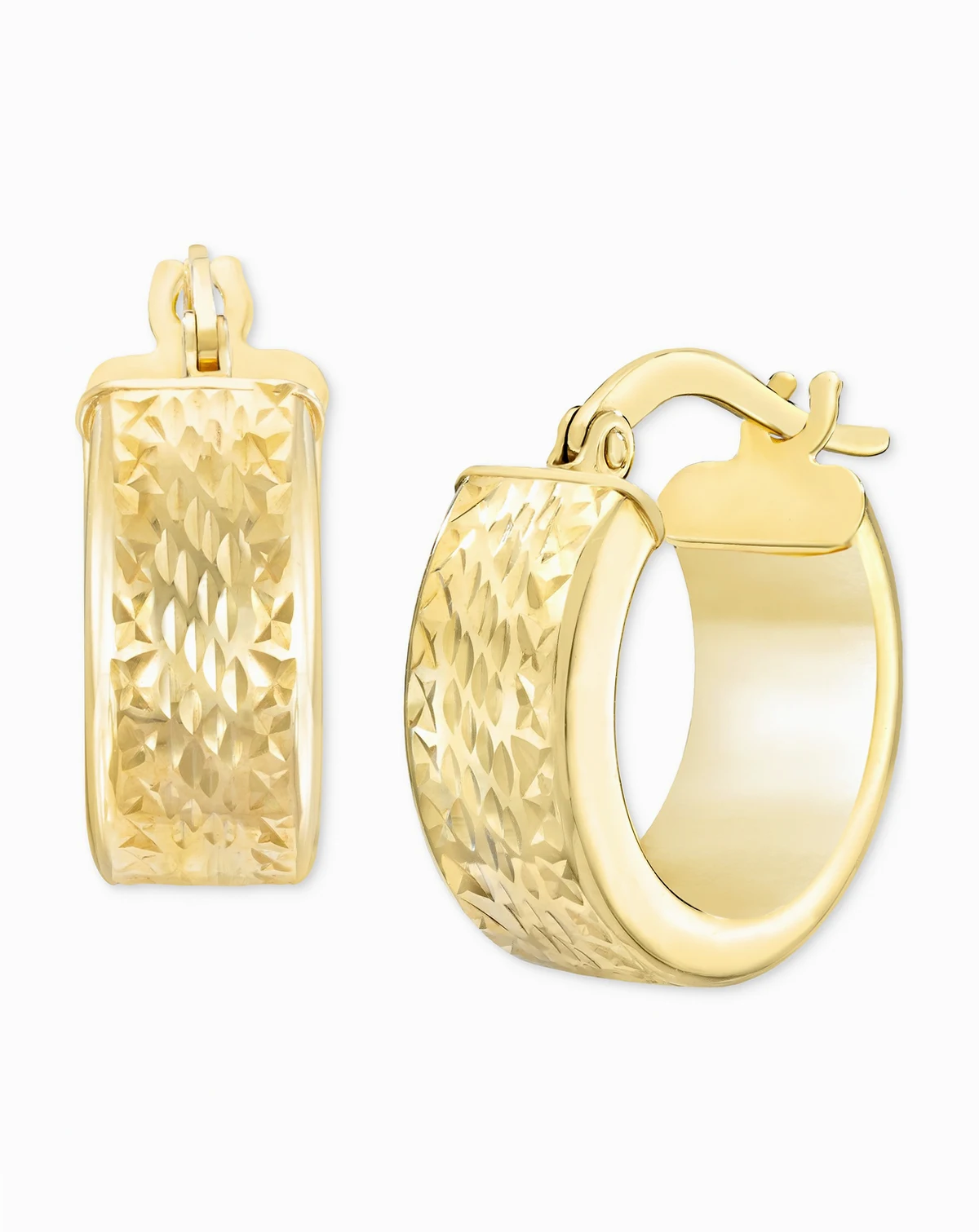 Polished Diamond Cut Extra-Small Huggie Hoop Earrings in 14k Yellow Gold, 3/8"