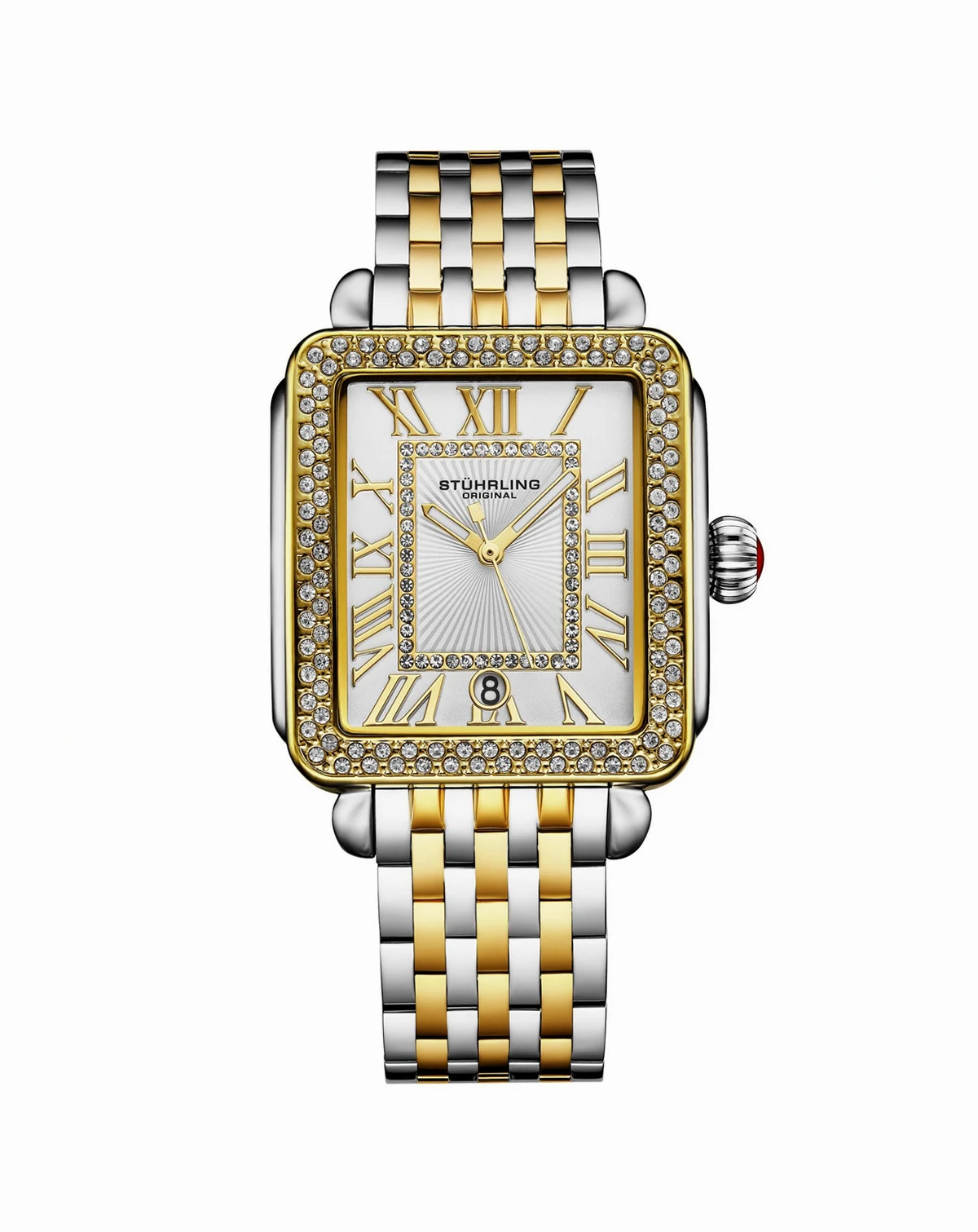 Women s VivreLuxe 34mm Rectangle Quartz Watch, Crystal Bezel, Roman Numeral Dial, Stainless Steel Bracelet