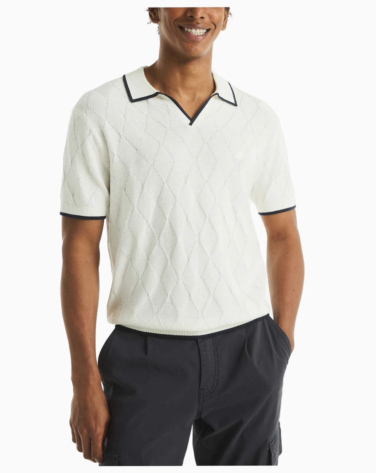Men's Short Sleeve Textured Argyle Polo Sweater