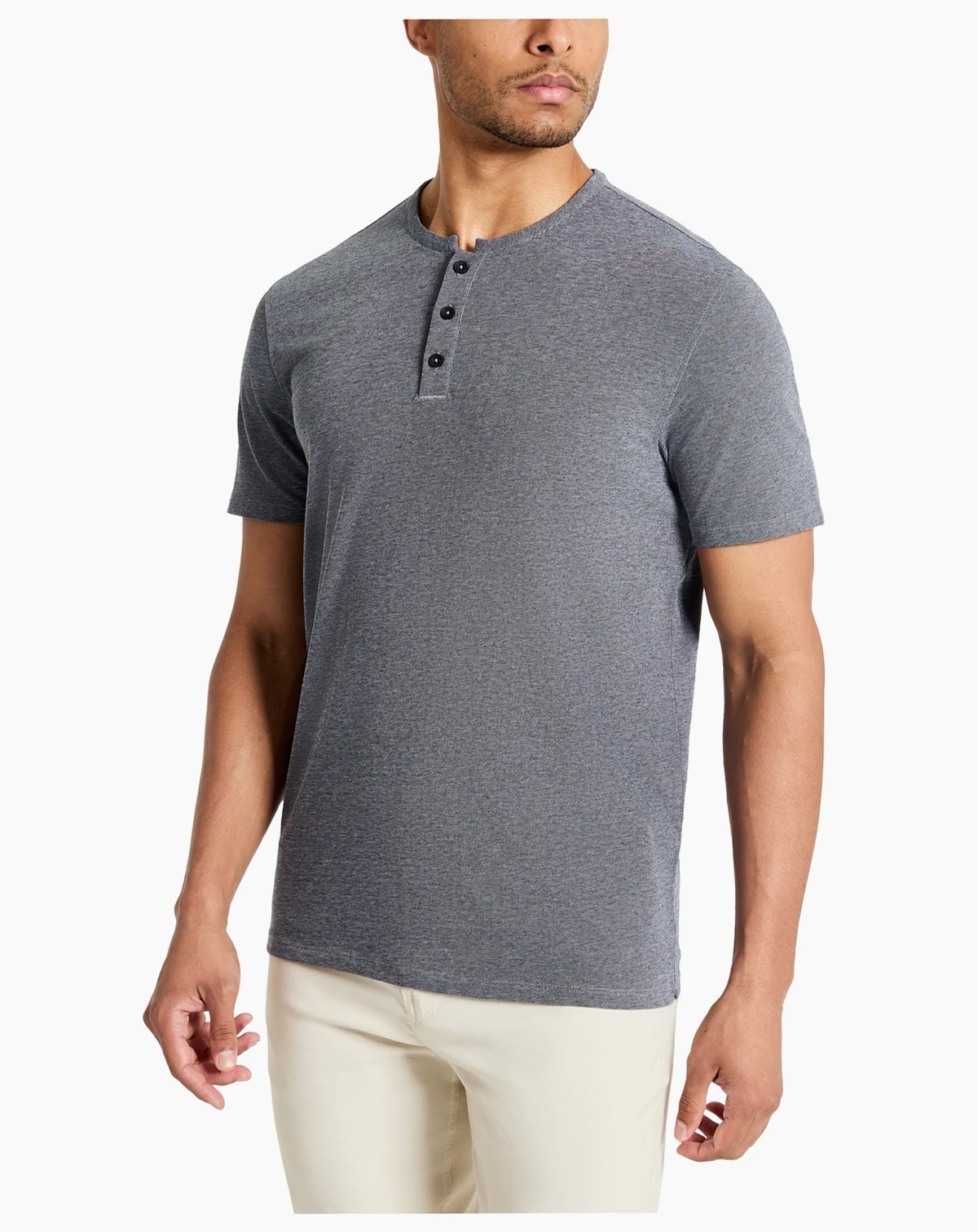 Men's 4-Way Stretch Heathered Stand-Collar Piqué Henley