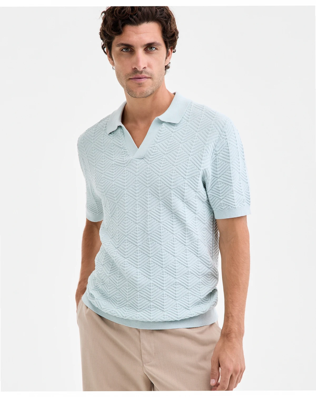 Men's Johnny-Collar Ribbed Geo Polo Shirt, Macy's Exclusive