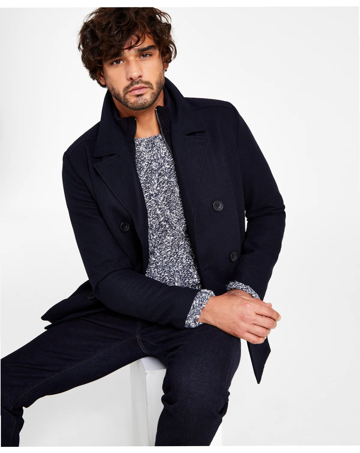 Men's Wool Blend Peacoat with Bib Coat