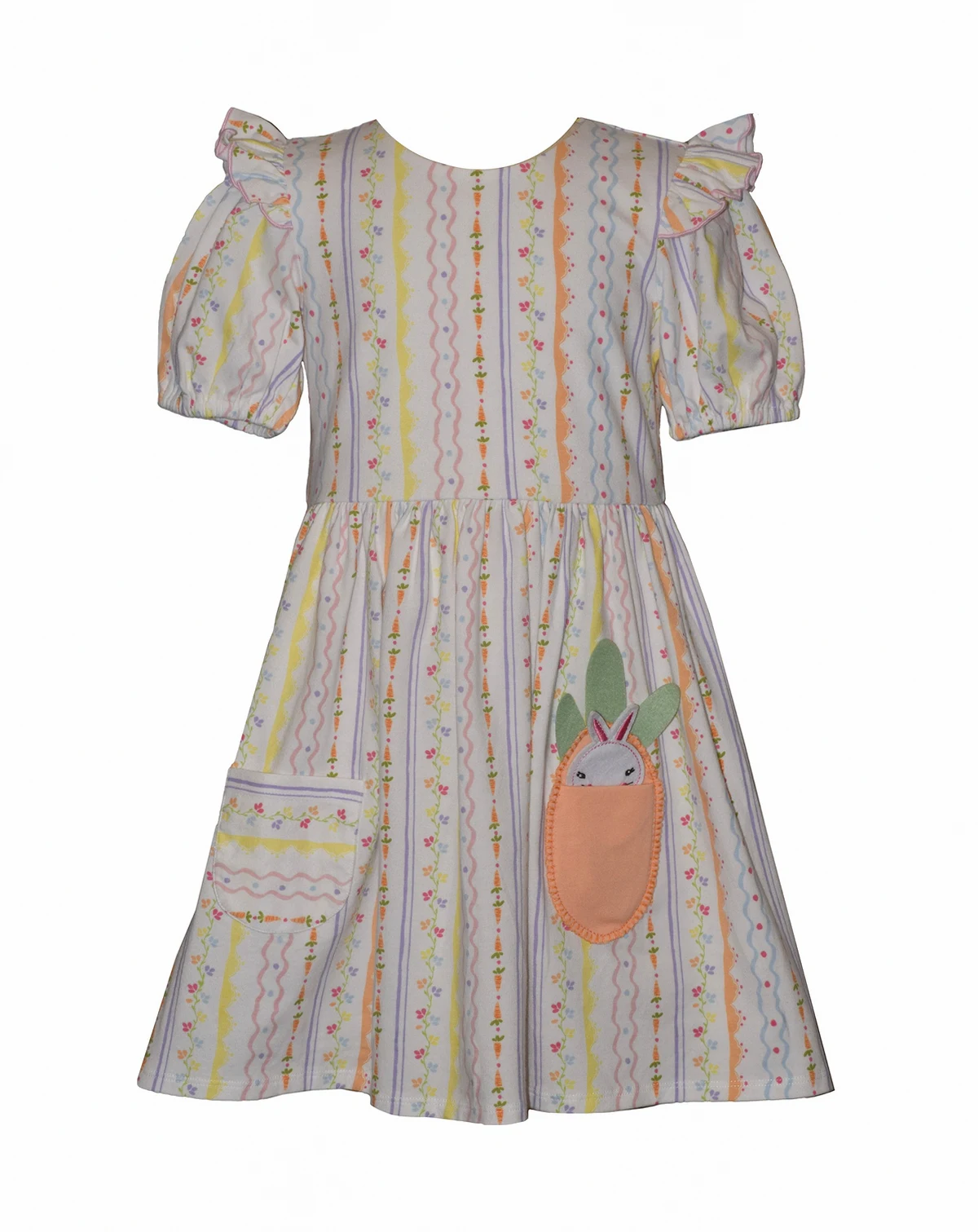 Girls' 2T-6X Short-Sleeve Bunny and Carrot Striped Pocket Dress