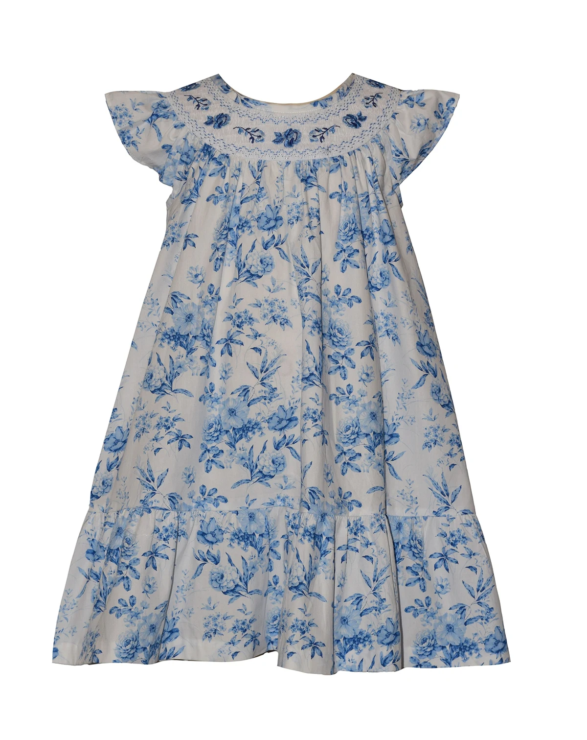 Girls' 2T-6X Flutter-Sleeve Toile Print Round Neck Smocked Dress