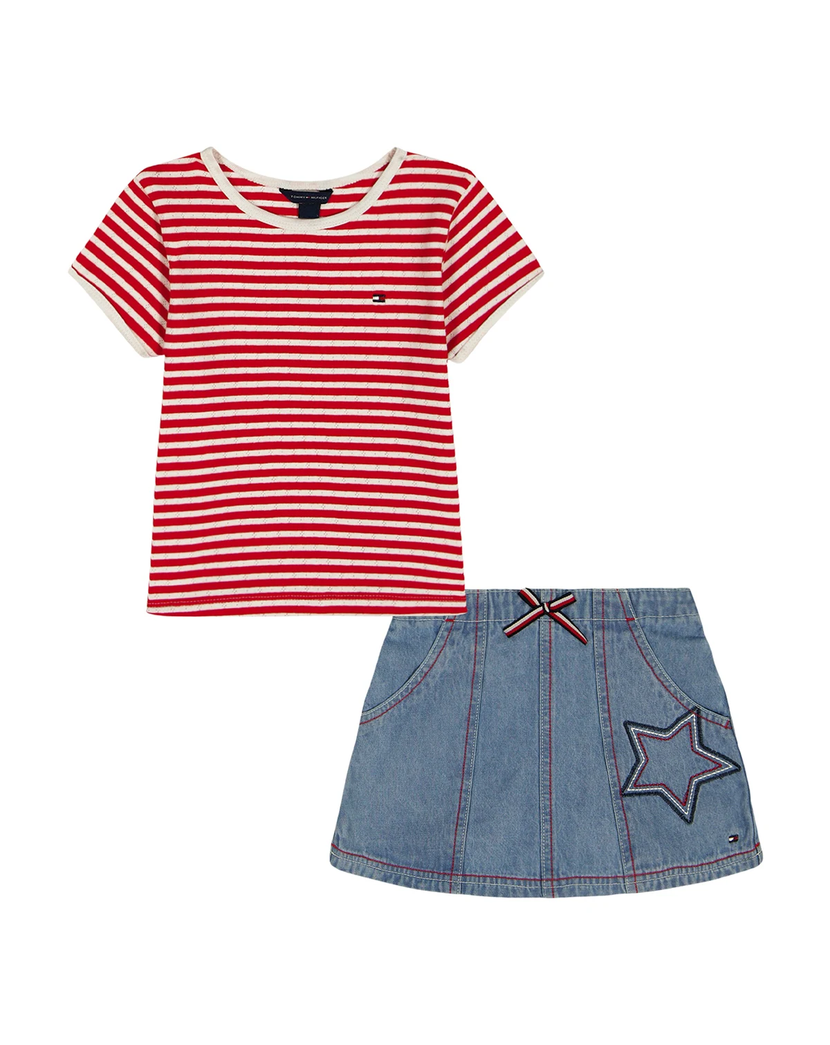 Girls' Toddler 2T-4T Striped Pointelle Rib T-Shirt & Star Patch Denim Skort, 2-Piece Set