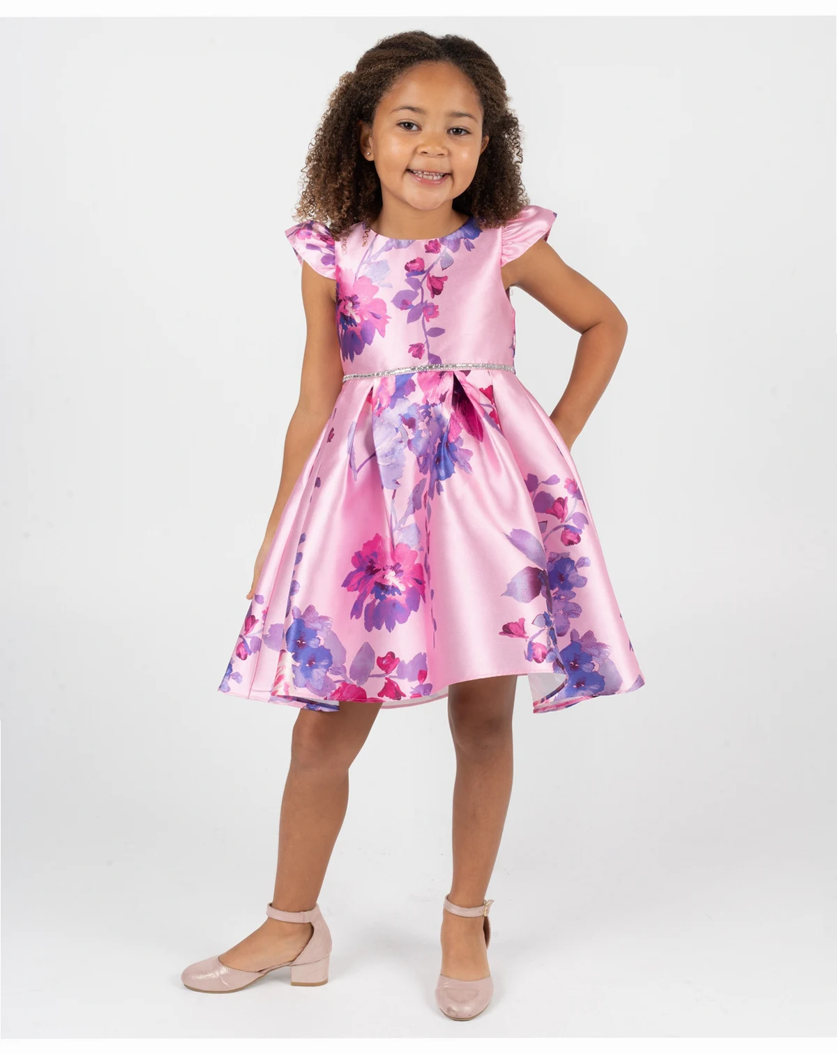 Girls' 2T-6X Printed Mikado Hi-Low Pleated Dress