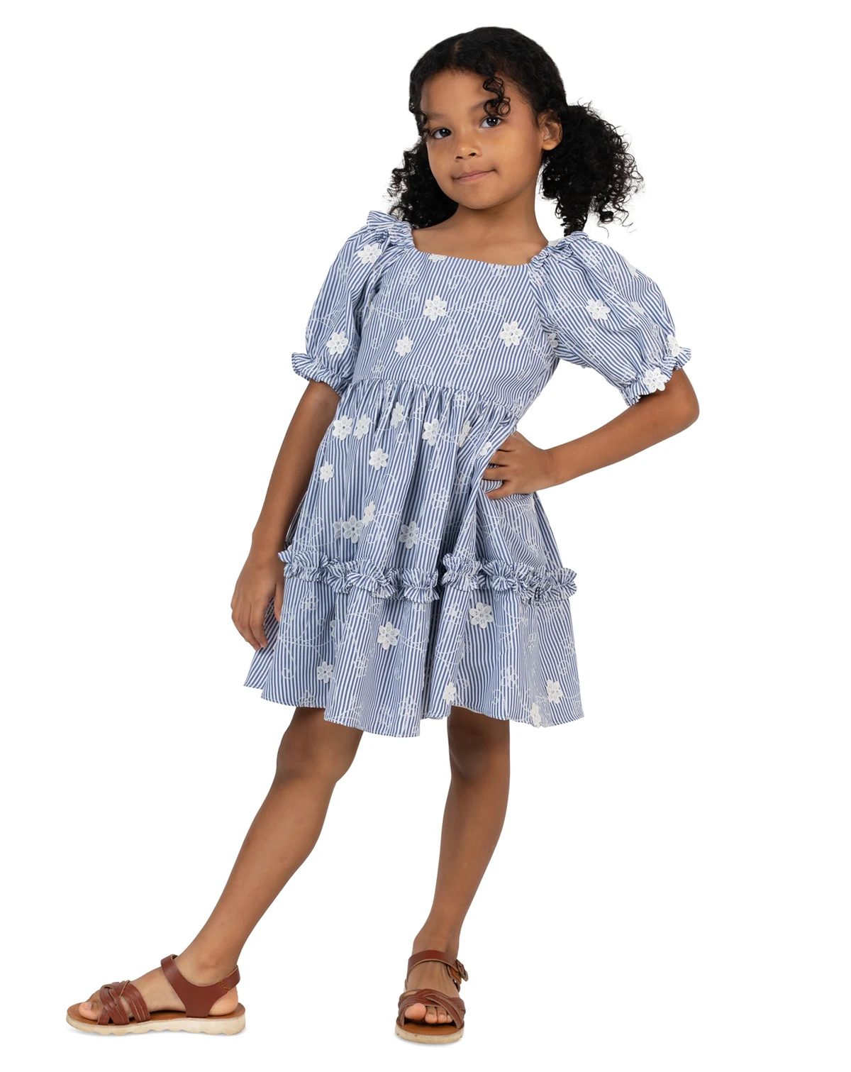 Girls' 2T-6X Striped Embroidered Flutter Sleeve Dress