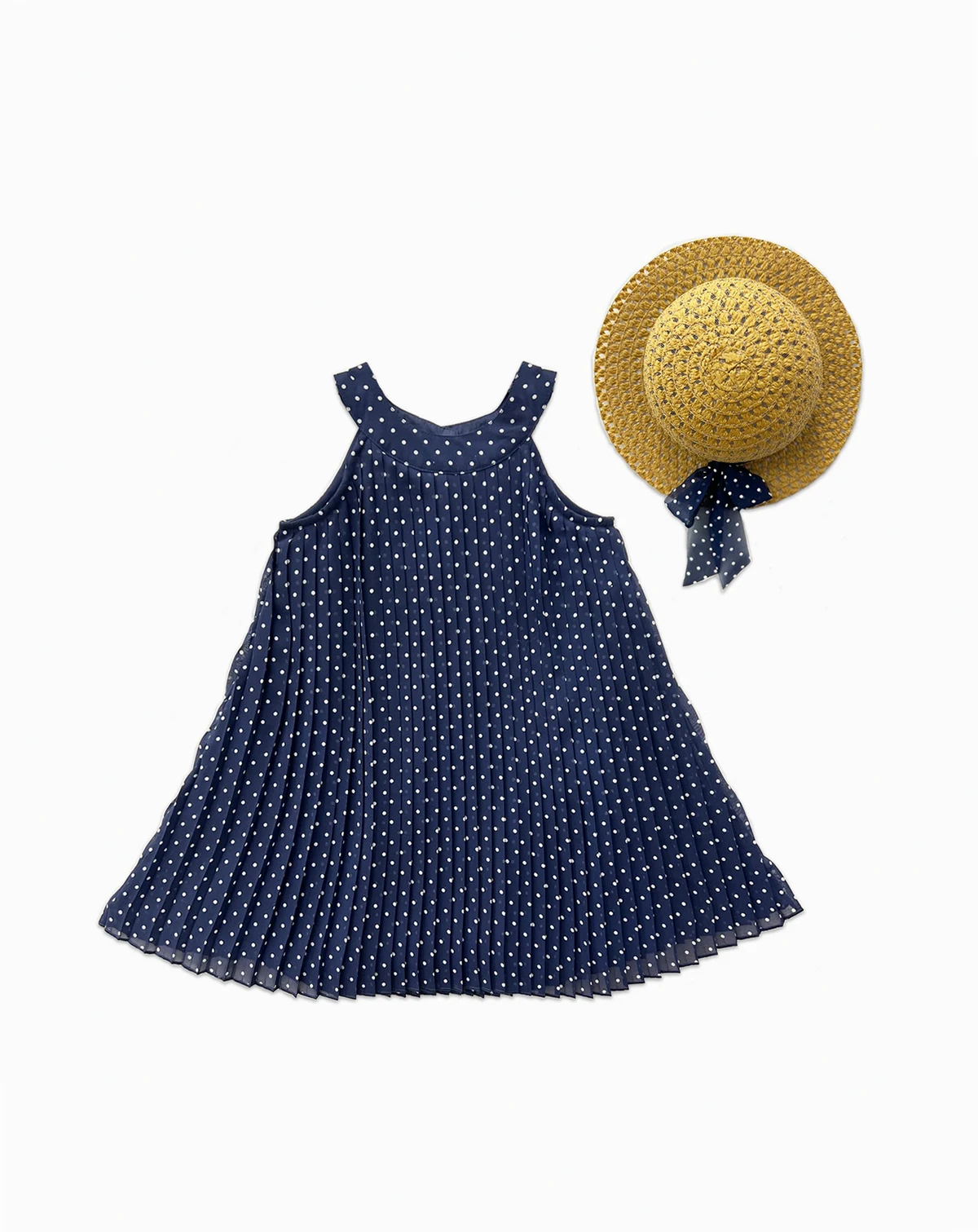 Girls' 2T-6X Pindot Pleated Chiffon Swing Sleeveless Dress with Hat
