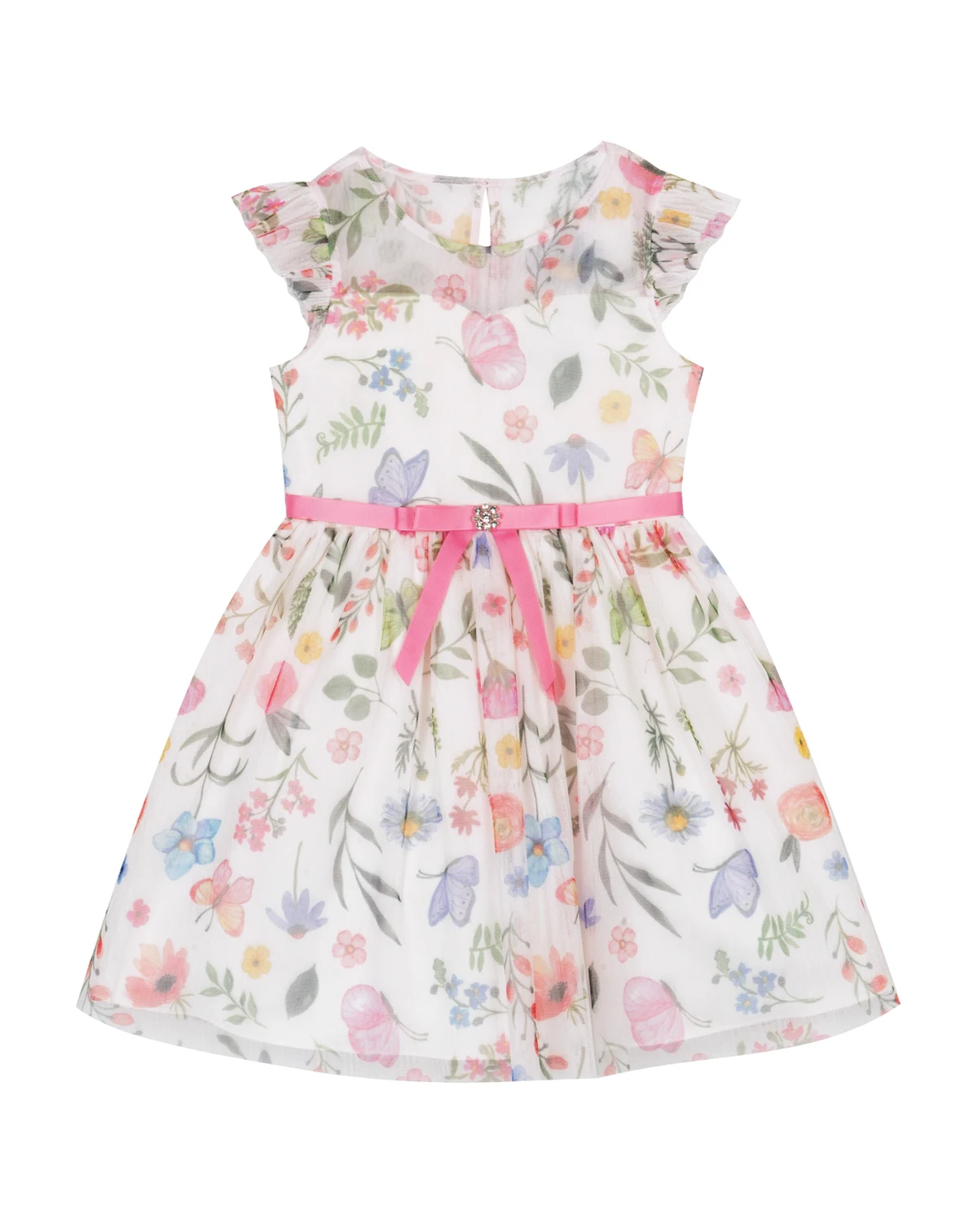 Girls' 2T-6X Flutter-Sleeve Round Neck Printed Dress