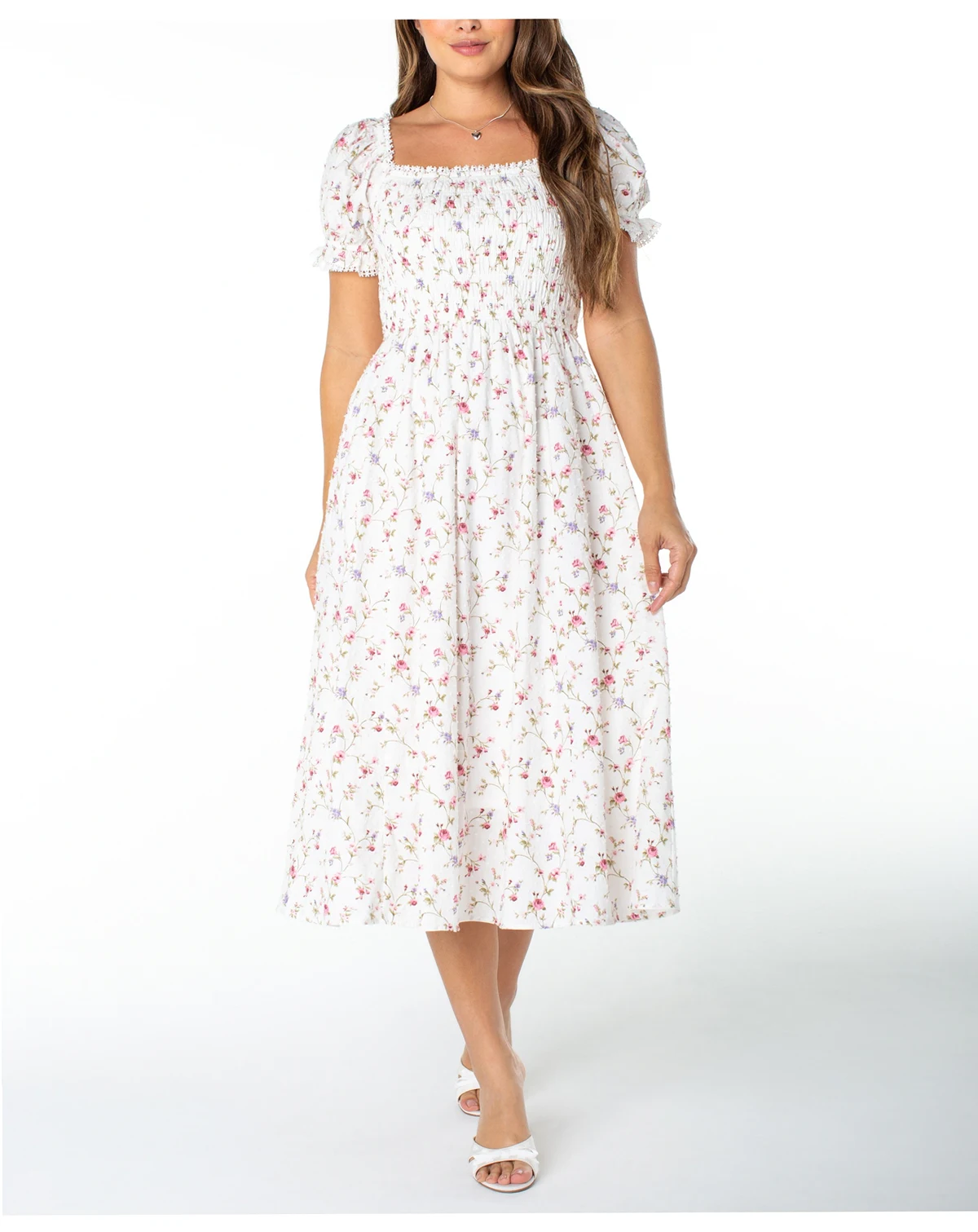 Juniors' Textured Floral Printed Puff-Sleeve Midi Dress