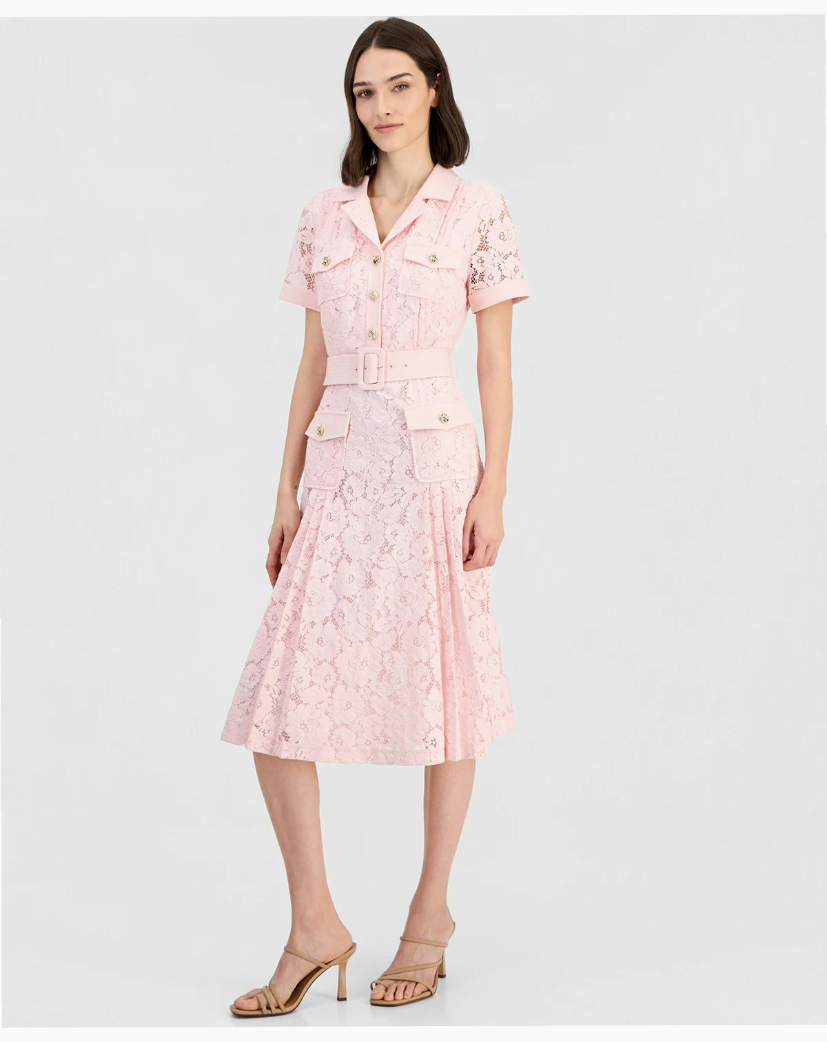 Women's Belted Short-Sleeve Lace Midi Shirt Dress