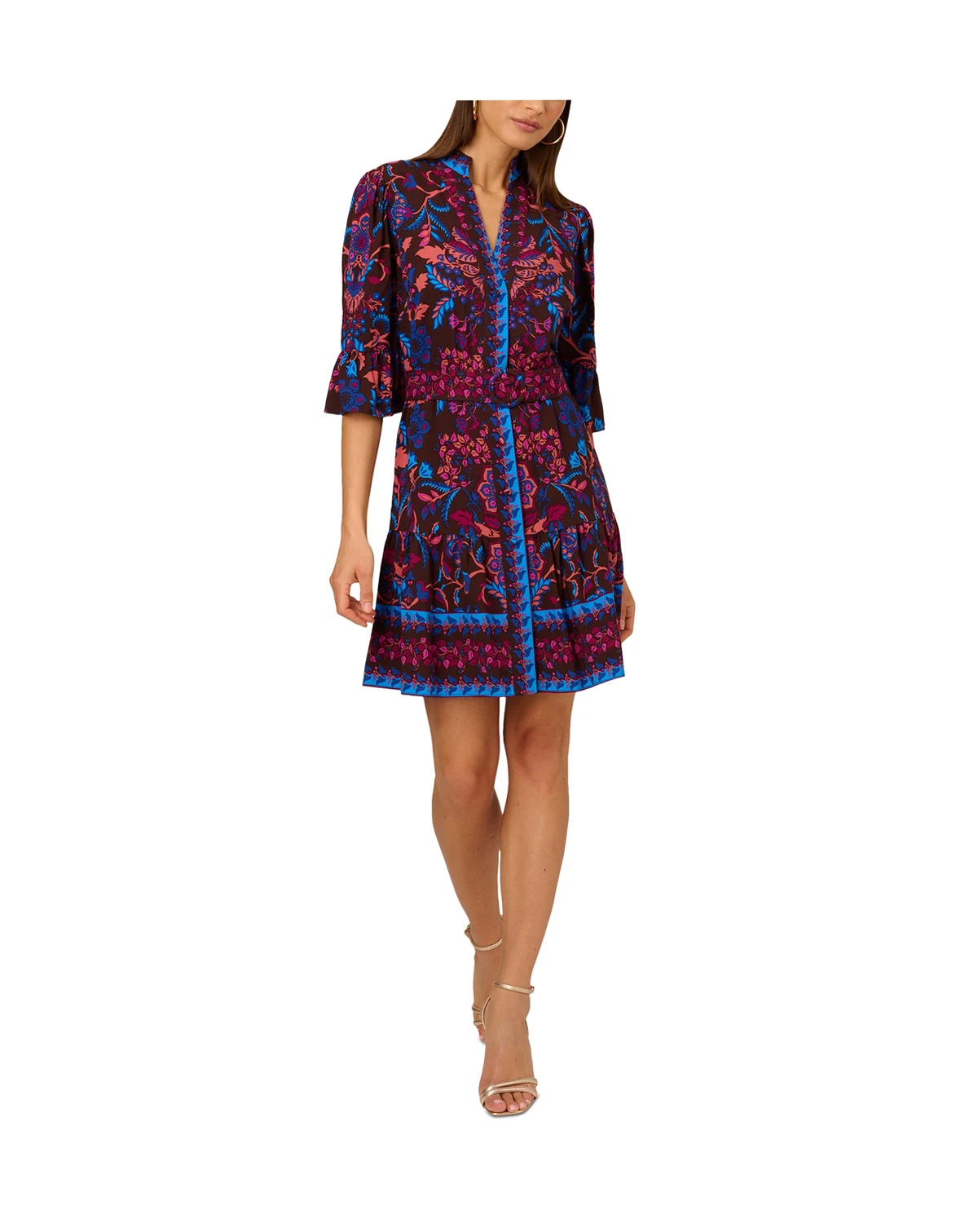 by Adrianna Papell Women's 3/4-Sleeve Belted Fit & Flare Dress