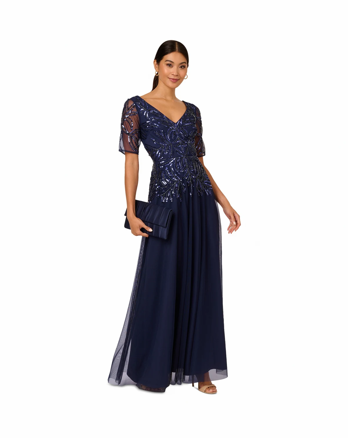 Women's Embellished Mesh V-Neck Gown