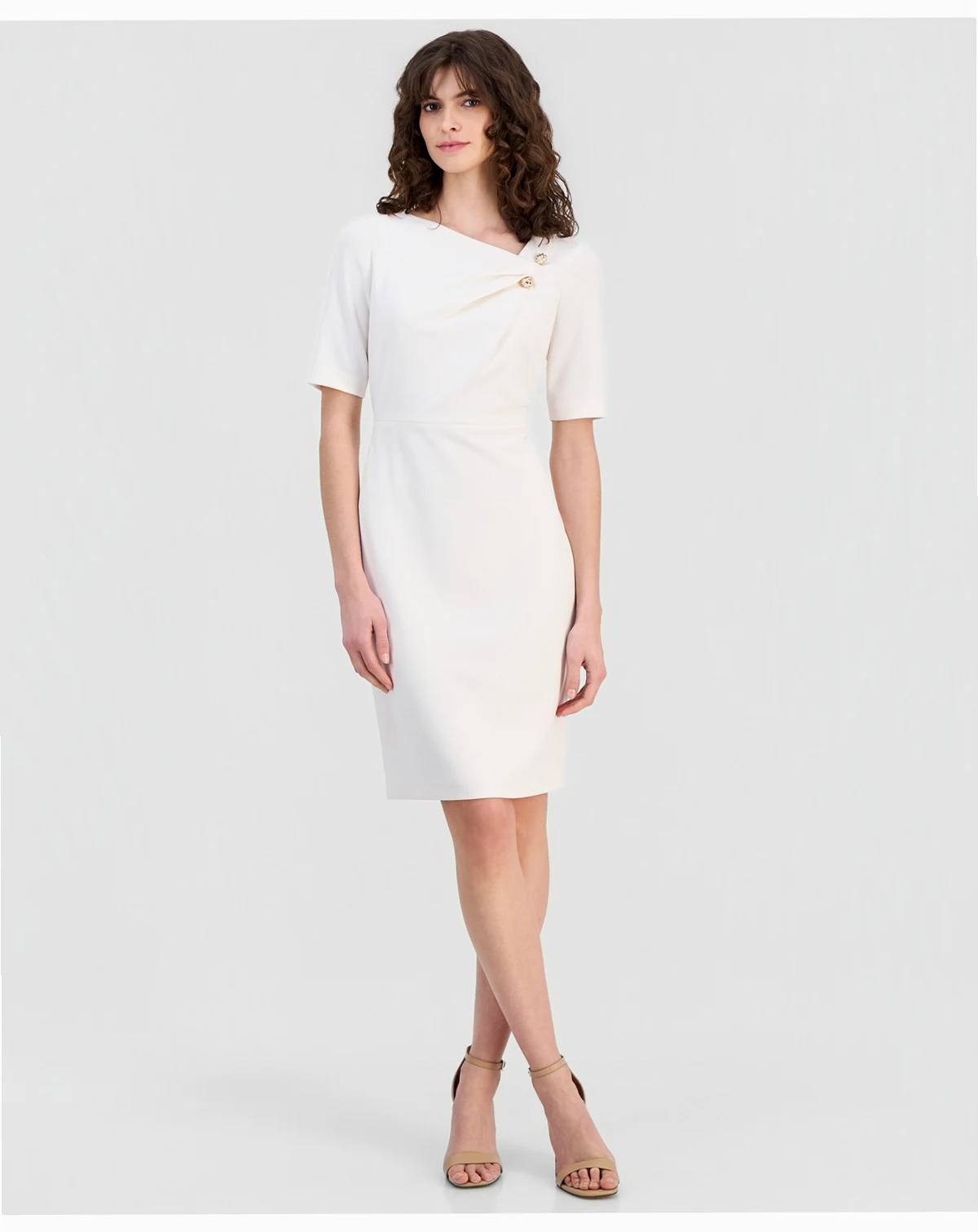 Women's Asymmetric-Neck Elbow-Sleeve Dress