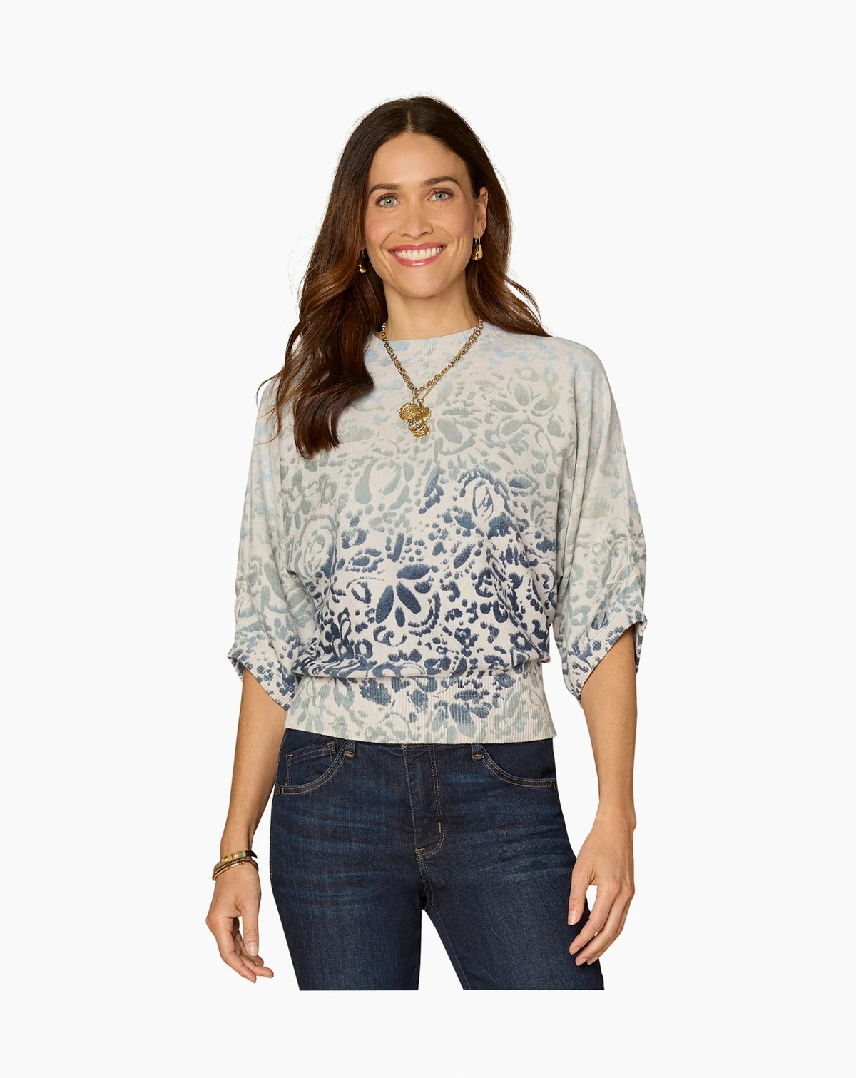 Petite Round Neck Dolman-Sleeve Printed Top