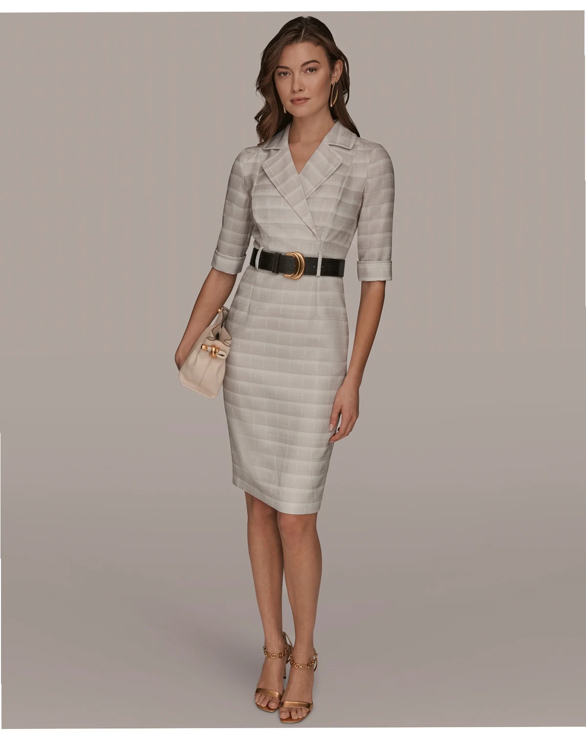 Women's Notched Lapel Striped Sheath Dress