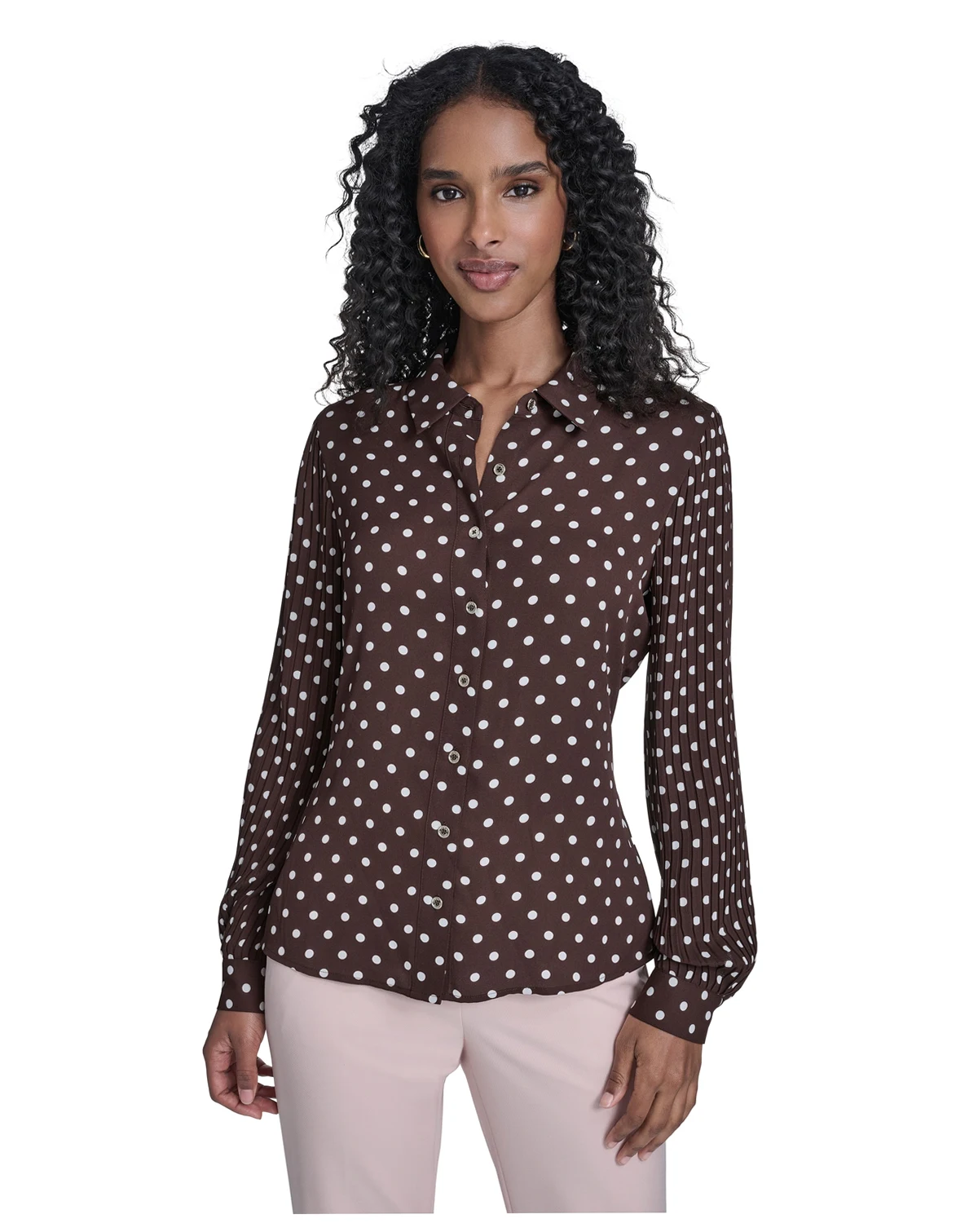 Women's Dot Pleated-Sleeve Button-Up Top