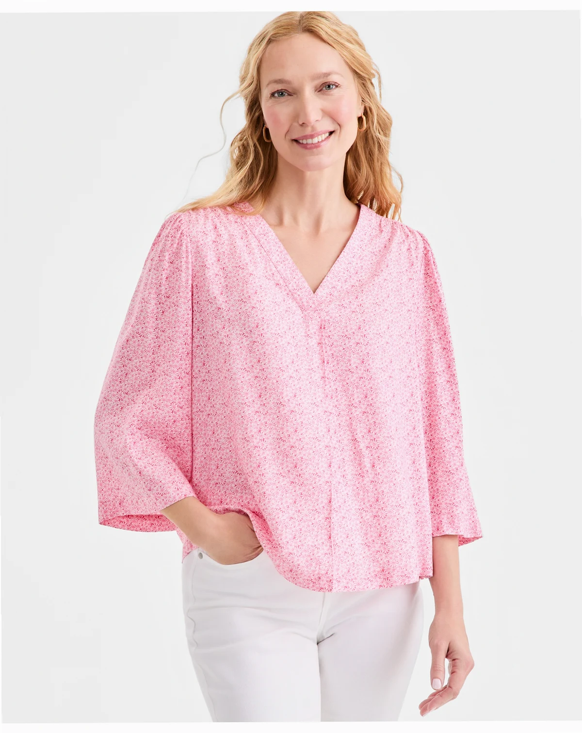 Women's Printed V-Neck 3/4-Sleeve Top, Macy's Exclusive