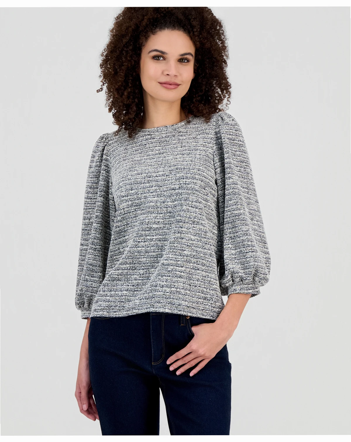 Women's Bouclé Knit Balloon-Sleeve Top