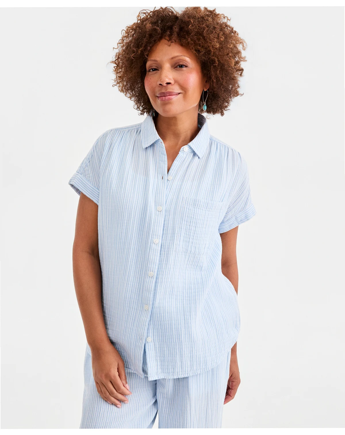 Women's Printed Cotton Gauze Short-Sleeve Button Up Shirt, Created for Macy's