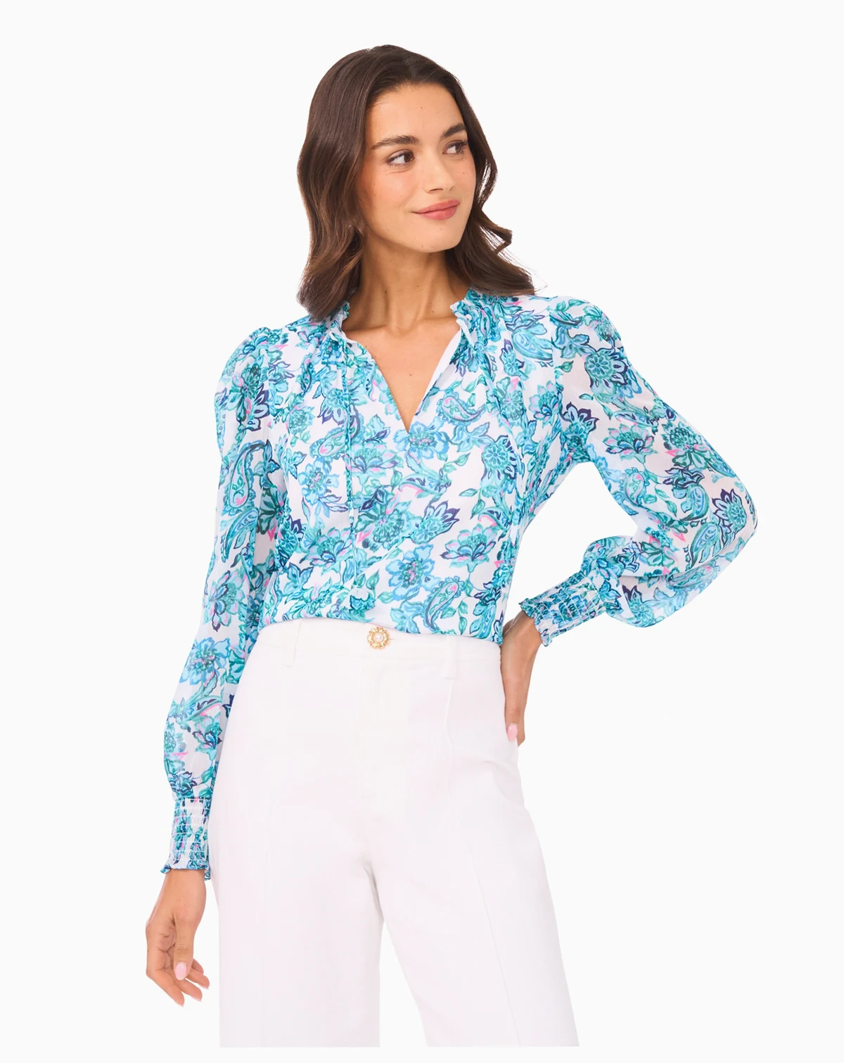Women's Smocked Cuff Ruffle Long-Sleeve Blouse