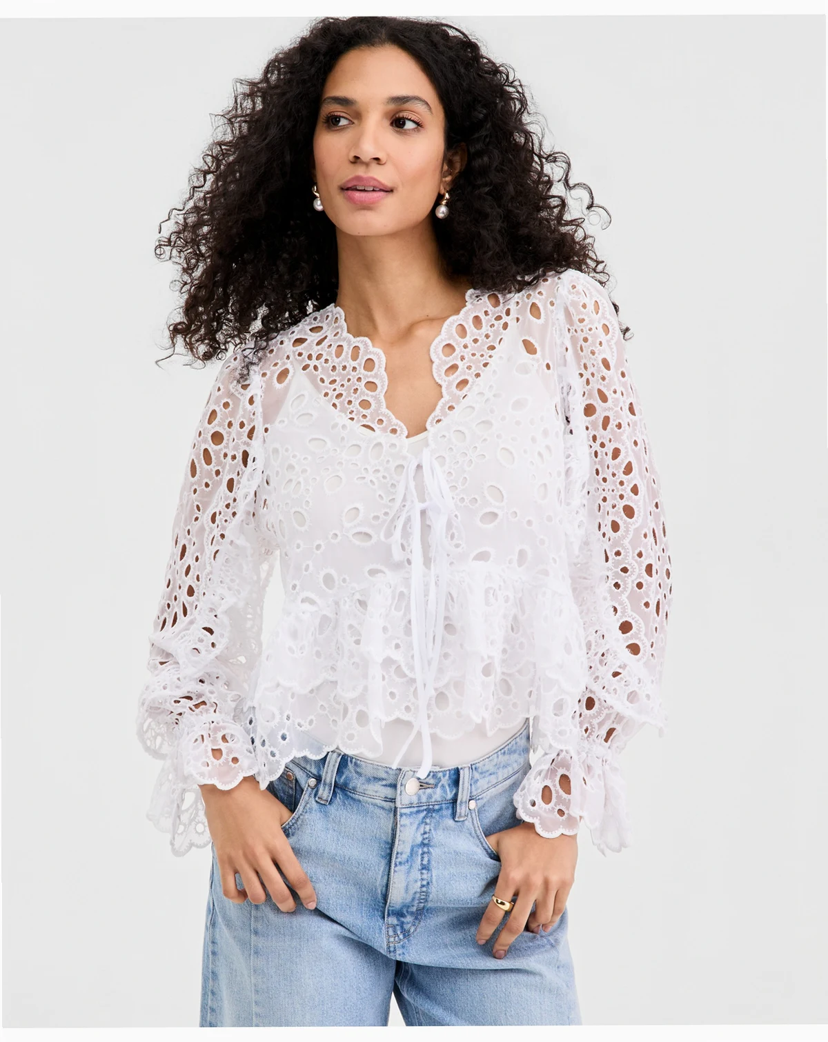 Women's Woven Long-Sleeve Cut-Work Blouse, Macy's Exclusive