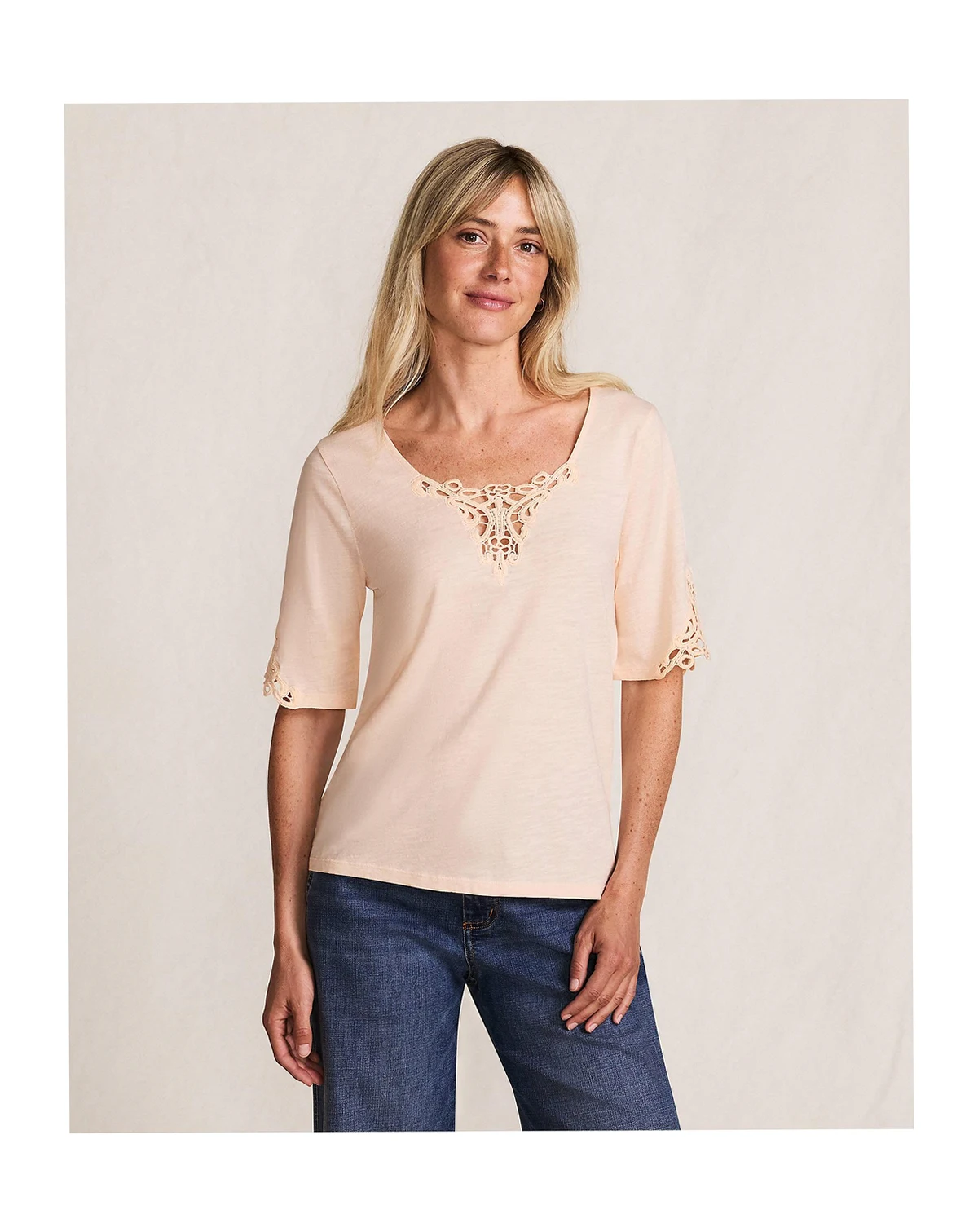 Women's Elbow Sleeve Slub Lace Trim T-Shirt