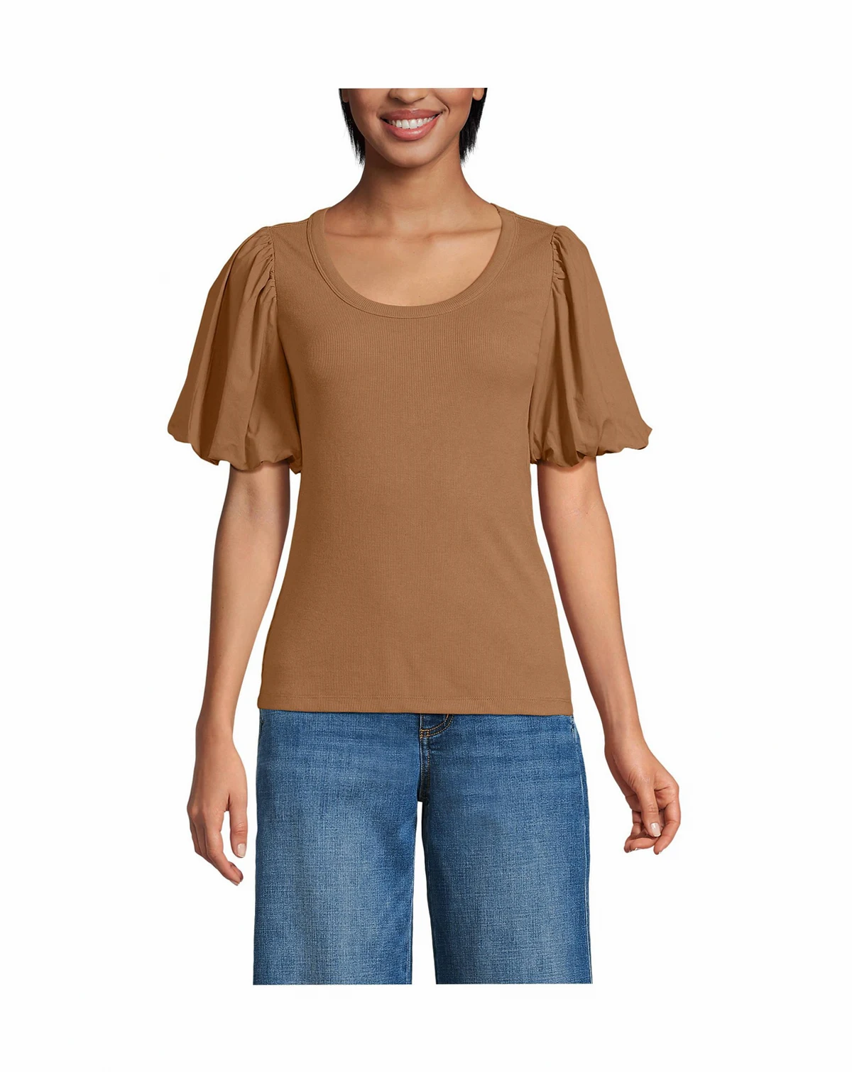 Women's Drapey Rib Puff Sleeve Scoop Neck Top